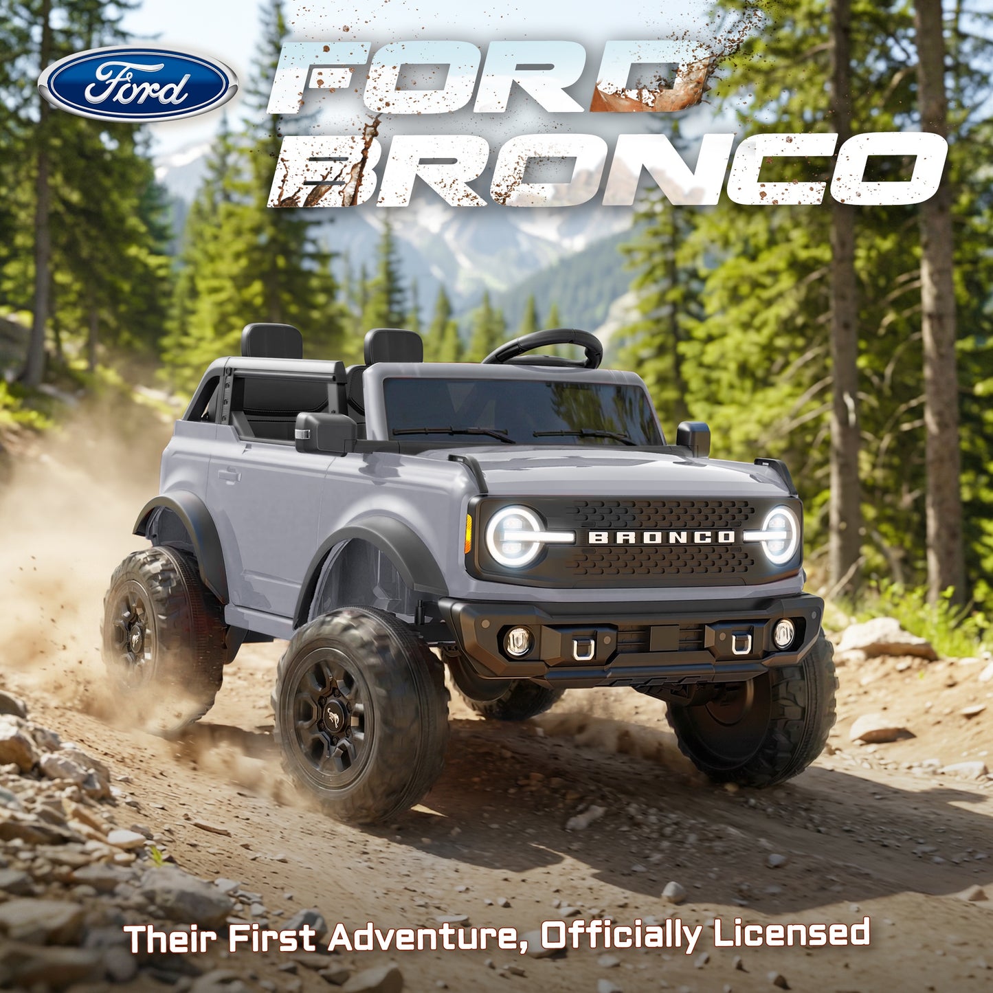 iRerts 2 Seater Ride on Cars, Licensed Ford Bronco Base 24V Ride on Toys for Big Kids Ages 3-8, Powered Kids Car Electric Vehicle with Remote Control, Bluetooth, LED Lights, 4 Wheel Suspension, Gray
