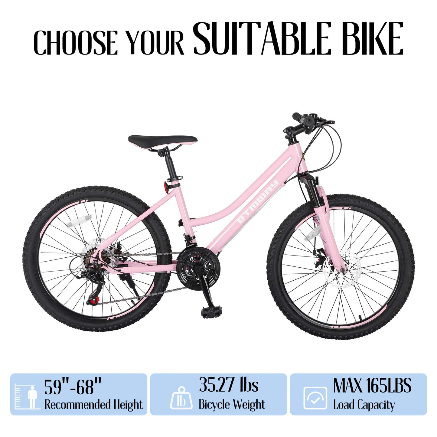 Mountain Bike, iRerts 24 Inch Mountain Bike for Girls, Shimano 21 Speed MTB Women Bicycle with Dual Disc Brakes and Front Suspension Fork, Outdoor Cycling Bike for Adult Work School Commuting, Pink