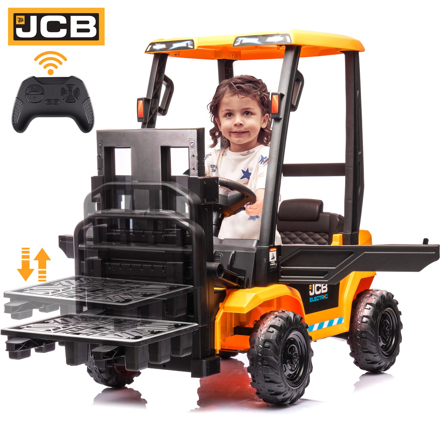 JCB 12V Ride on Forklift for Kids Ride on Car with Remote Control Ride on Toy for Toddler, 3 Speed, Electric Ride on Truck for 3-6 Boys and Girls