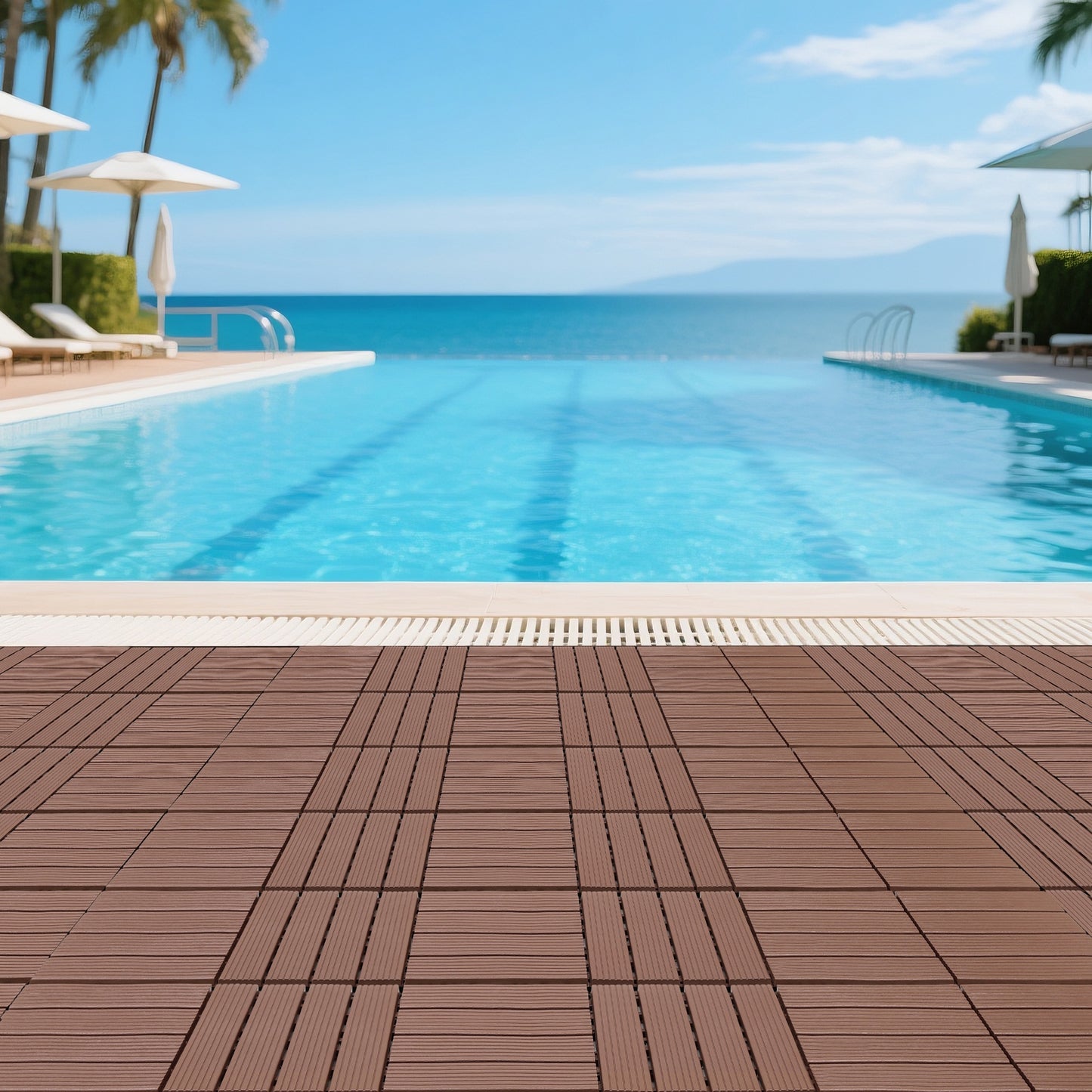 iRerts Plastic Interlocking Deck Tiles, 44 Pack Outdoor Flooring Tiles 12" x 12", All Weather Use, Patio Floor Decking Tiles for Porch Poolside Balcony, Brown