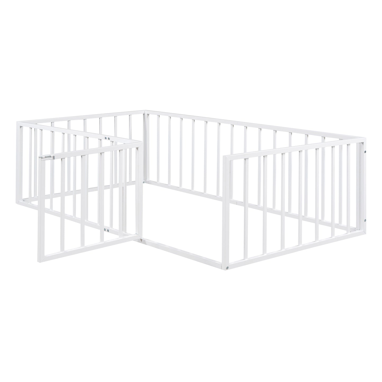 iRerts Twin Floor Bed Frame, Metal Twin Size Montessori Floor Bed Frame with Fence and Door, Kids Toddler Floor Bed Frame Twin Size for Girls Boys, Twin Bed Frame without Bed Slats, White