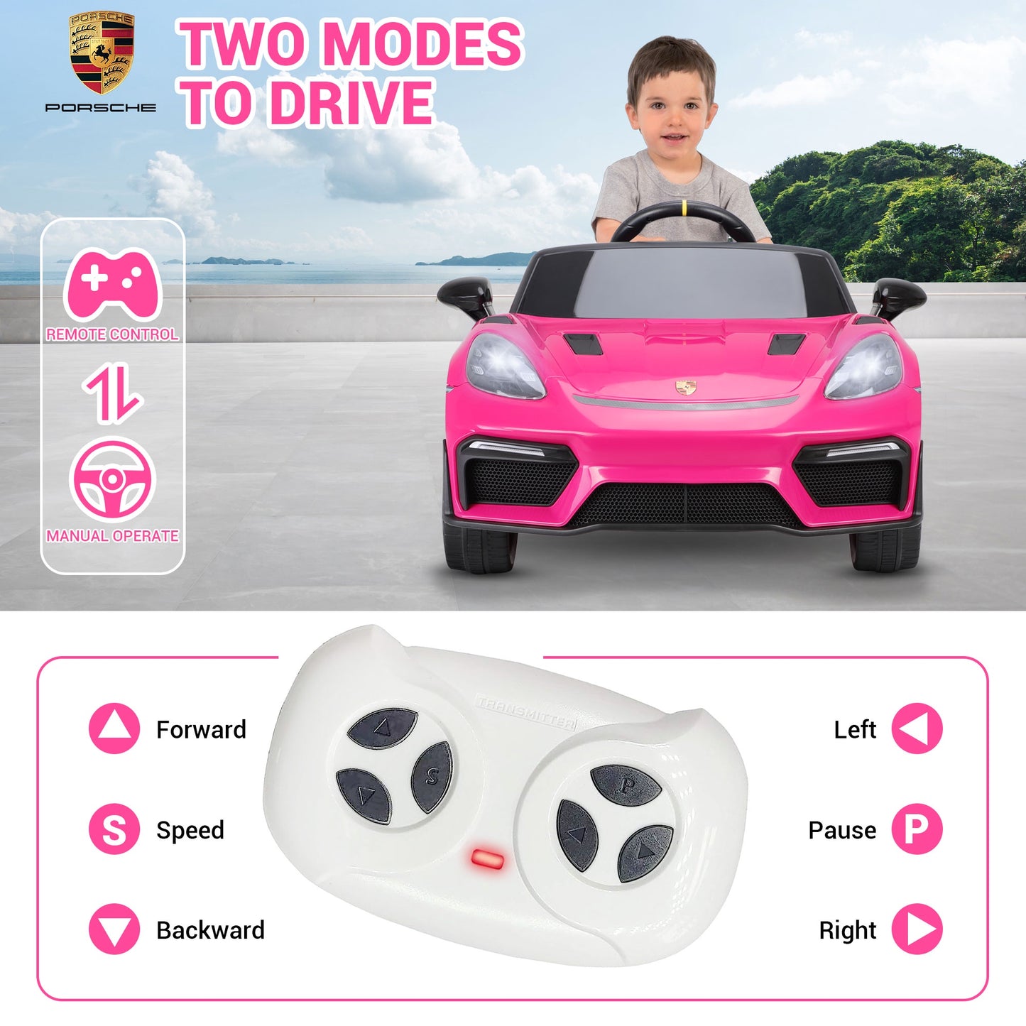 12V Powered Ride On Toys, Licensed Porsche 718 Ride on Car for Kids Boys Girls Christmas Gifts Ages 3-5, Kids Cars Electric Vehicle with Remote Control, Bluetooth, Music, LED Light, 4 Wheeler, Pink