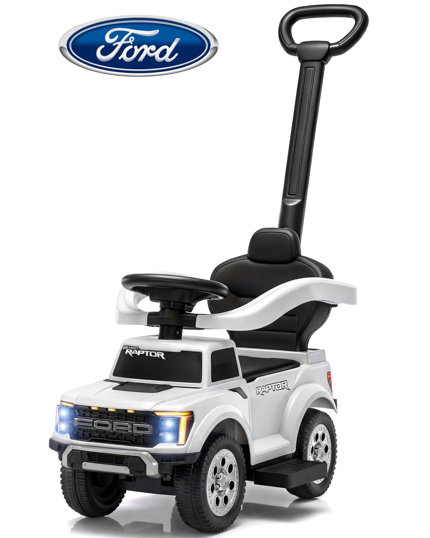 Push Car for Toddlers 1-3, Licensed Ford F-150 3-in-1 Kids Ride on Toy with Parent Push Handle, Foot to Floor Sliding Car with Horn & Lights, Under Seat Storage, White