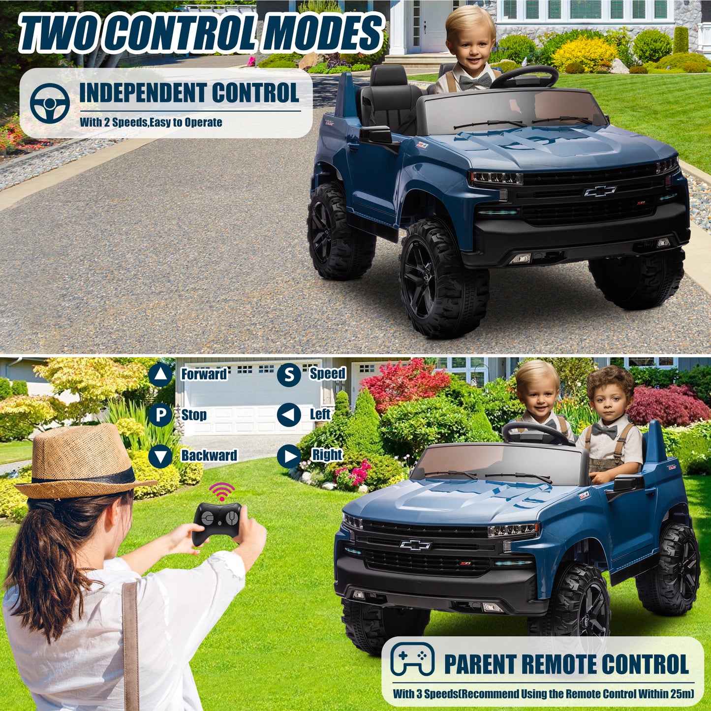 Chevrolet Silverado 24V Ride on Cars with Remote Control, 2 Seater 4 Wheels Kids Electric Cars with Bluetooth, LED Lights, Battery Powered Ride on Truck Toys for Boys Girls Christmas Gifts, Blue