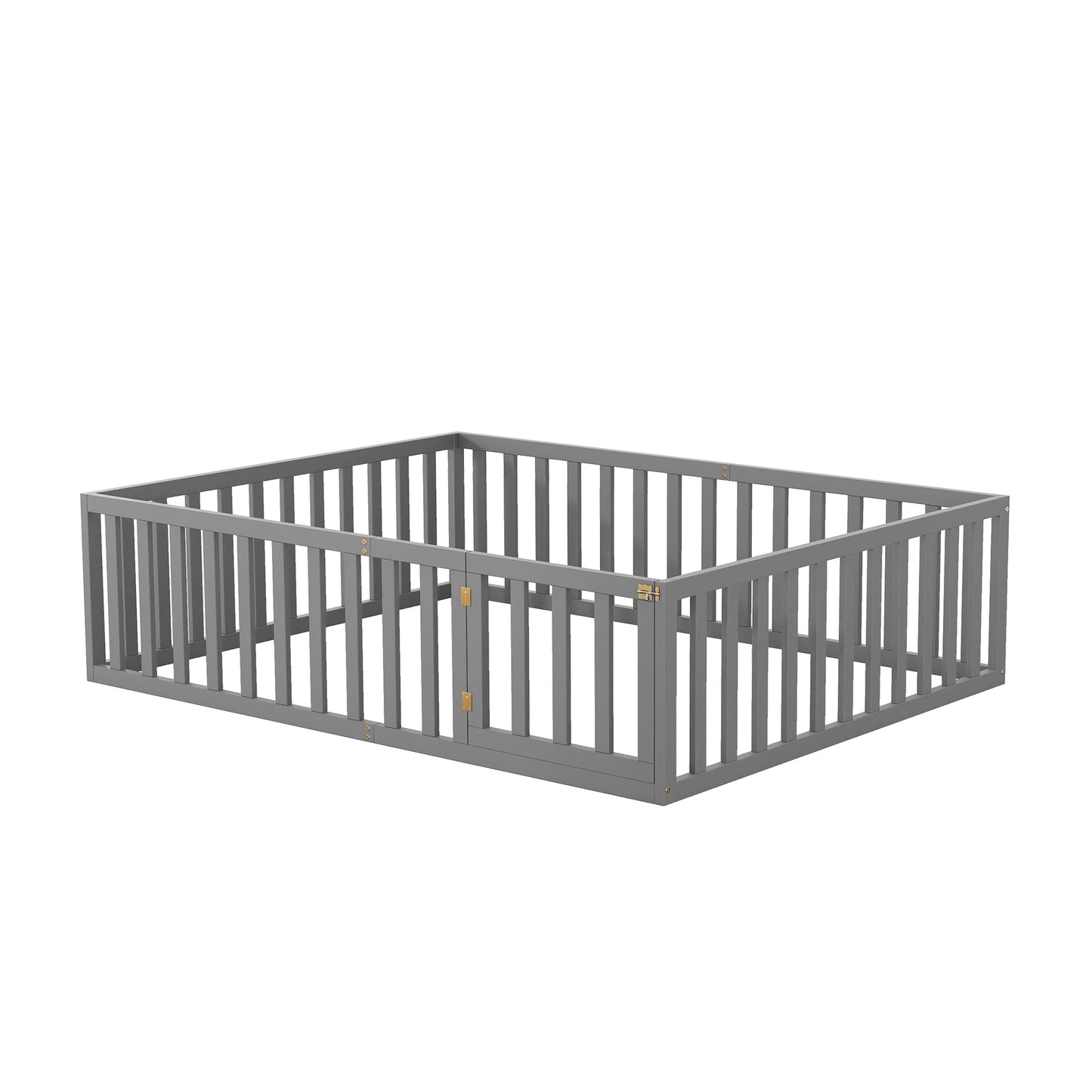iRerts Queen Floor Bed Frame for Kids Toddlers, Wood Montessori Low Floor Queen Size Bed Frame with Fence Guardrail and Door, kids Queen Bed for Boys Girls, Spring Needed, Gray