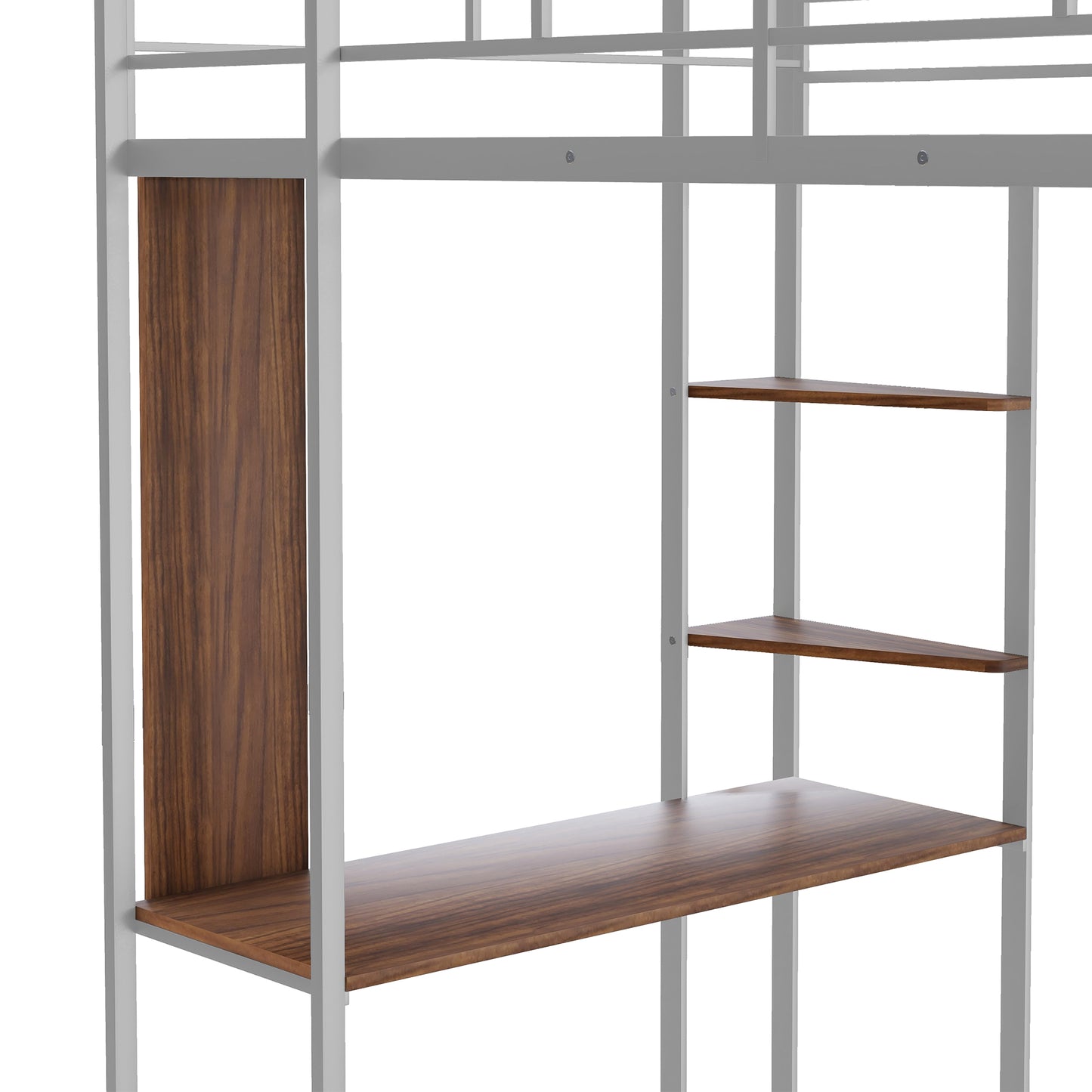 iRerts Loft Bed with Desk and Shelves, Metal Loft Bed Twin for Kids Teens Adult, Twin Size Loft Bed with Safety Guardrail, Modern Silver Loft Bed Twin for Dorm Bedroom Guest Room, No Box Spring Needed