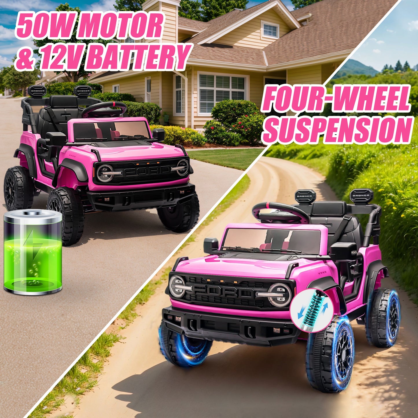 12V Powered Ride on Car, Ford Bronco Raptor Ride on Toys with Remote Control, Battery Powered Ride on Trucks with Bluetooth Music, LED Light, Kids Car Electric Vehicle for Boys Girls Gifts, Pink