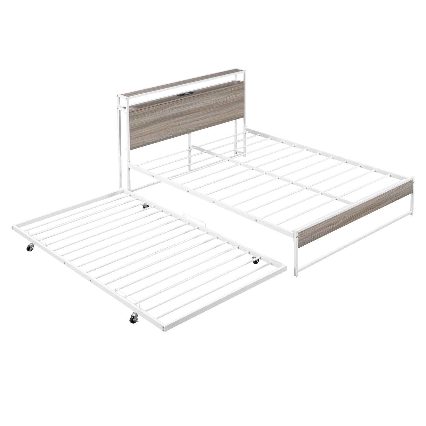 Full Size Metal Platform Bed Frame with Twin Size Trundle, Full Size Bed Frame with Storage Headboard, Outlet/USB Ports, Steel Slat Support, Full Bed Frame No Box Spring Needed for Bedroom, White