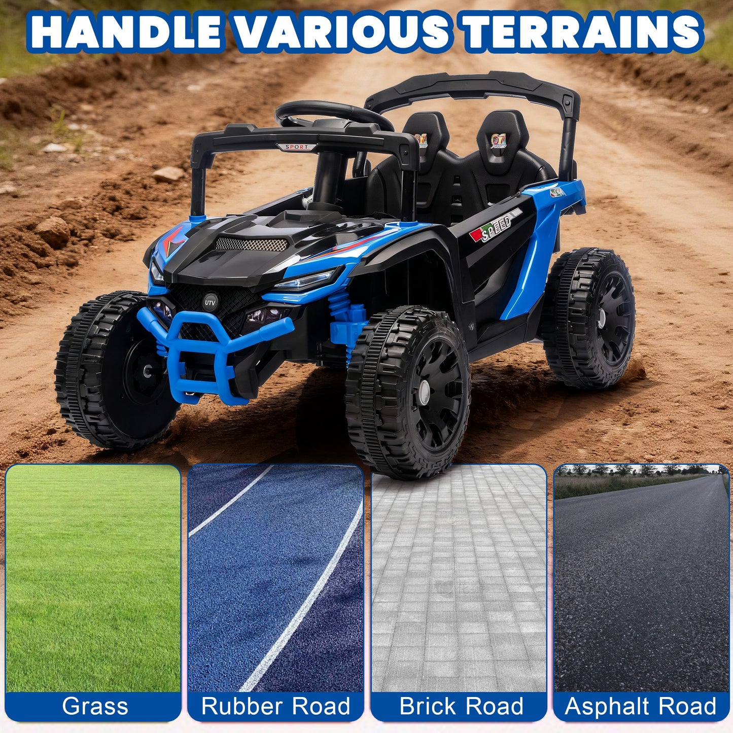 iRerts 24V Powered Ride on Car UTV, Kids Ride on Toys with Remote Control, Bluetooth, Music, 4 Wheels Suspension, LED Light, Kids Cars 4 Wheeler Electric Vehicles for Boys Girls Ages 3-5 Gifts, Blue