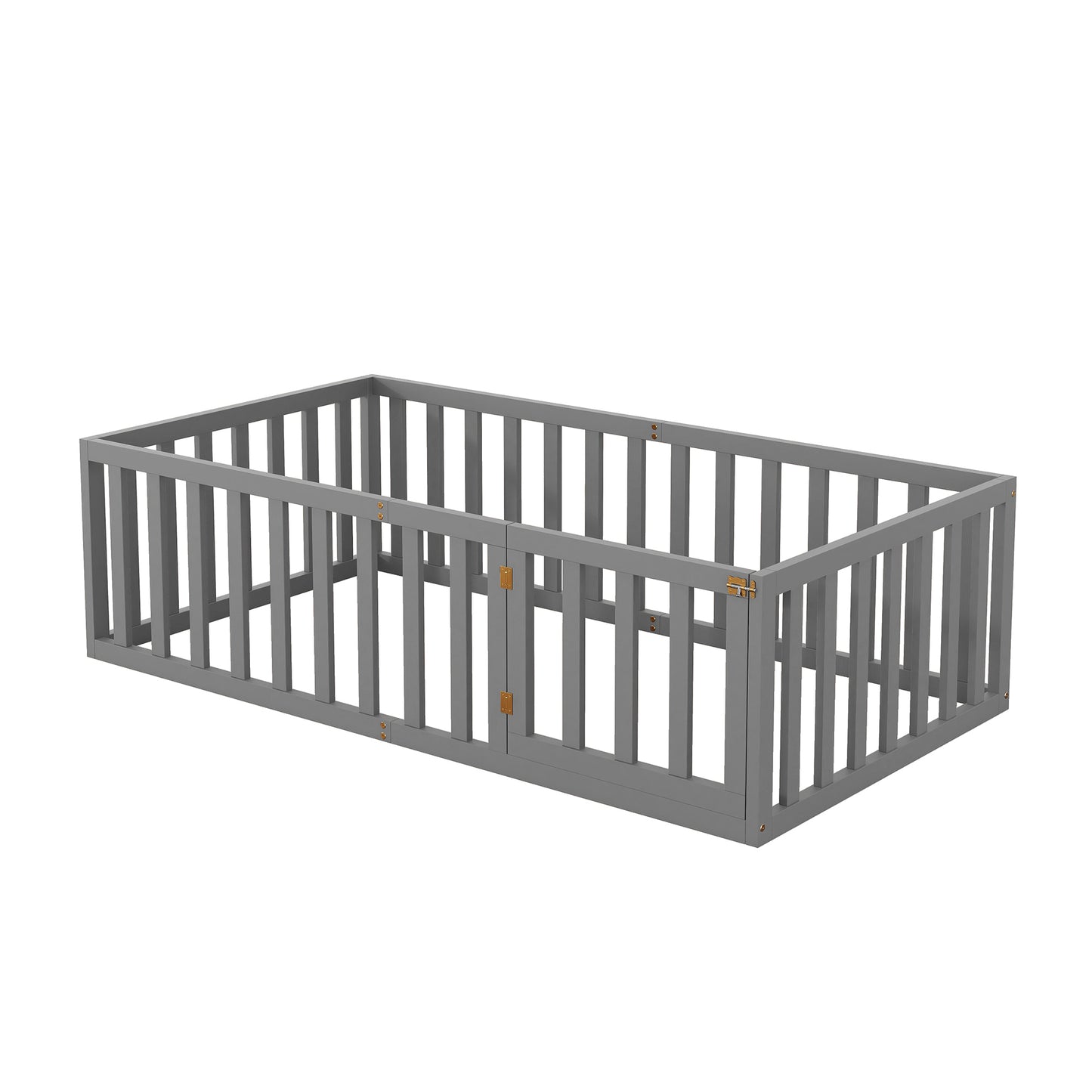 iRerts Twin Floor Bed Frame for Kids Toddlers, Wood Montessori Low Floor Twin Size Bed Frame with Fence Guardrail and Door, kids Twin Bed for Boys Girls, Spring Needed, Gray