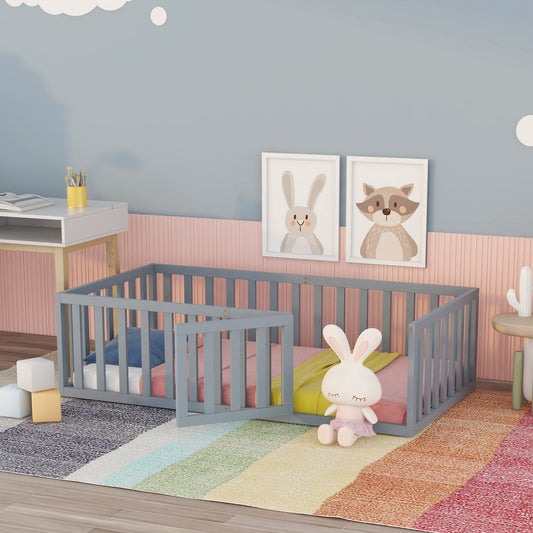 iRerts Twin Floor Bed Frame for Kids Toddlers, Wood Montessori Low Floor Twin Size Bed Frame with Fence Guardrail and Door, kids Twin Bed for Boys Girls, Spring Needed, Gray