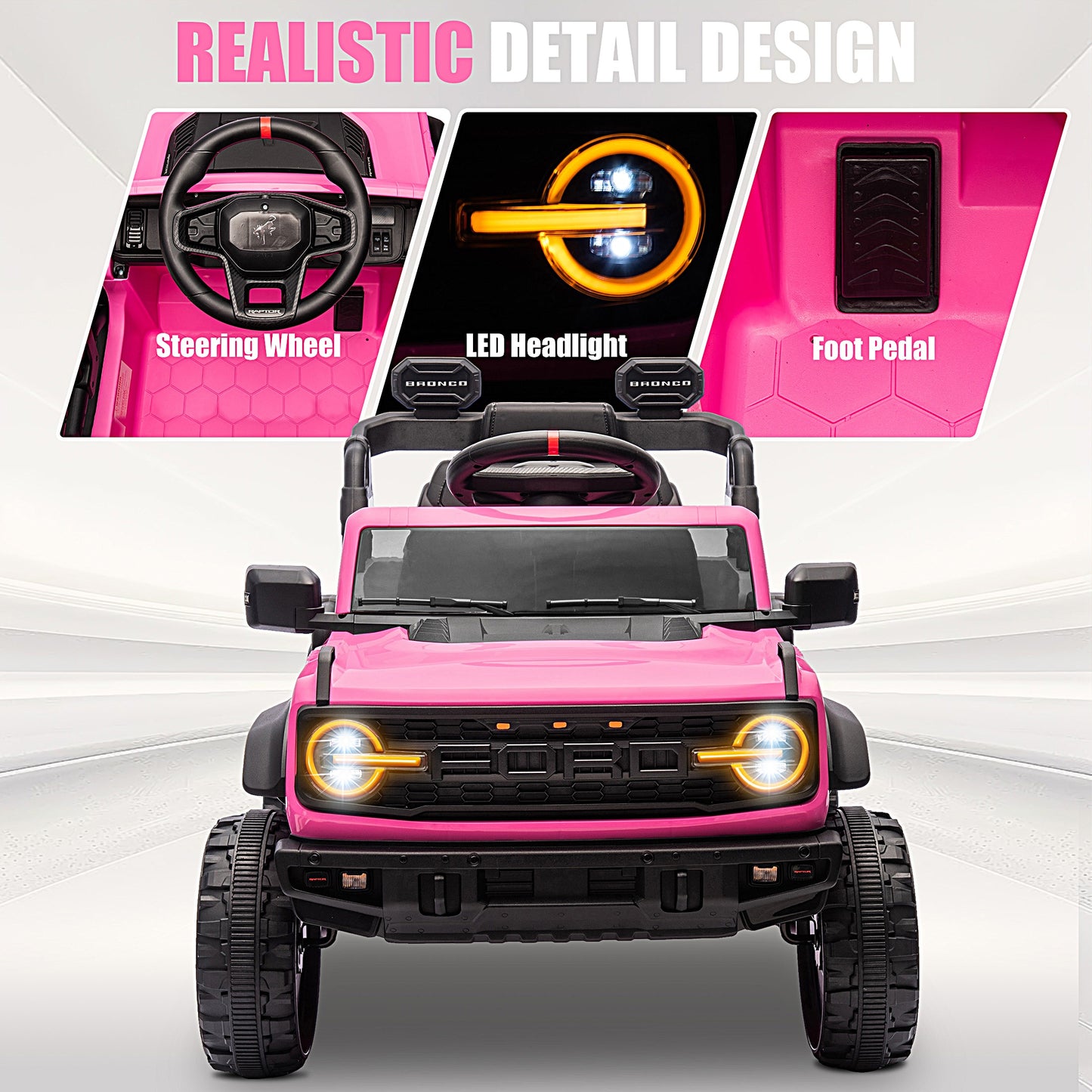 iRerts 12V Ride on Cars, Licensed Ford Bronco Raptor Toddlers Ride on Toys with Parental Remote Control, Bluetooth, FM Radio, LED Lights, Electric Car for Kids Boys Girls Ages 3-6,Pink