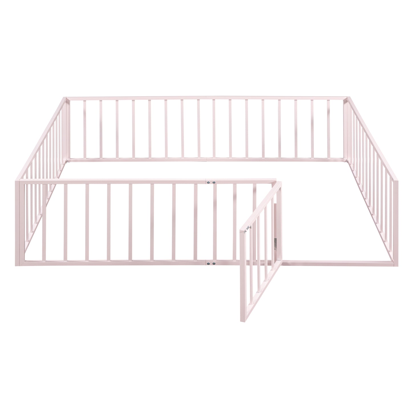 iRerts Queen Floor Bed Frame, Metal Queen Size Montessori Floor Bed Frame with Fence and Door, Kids Toddler Floor Bed Frame Queen Size for Girls Boys, Twin Bed Frame without Bed Slats, Pink