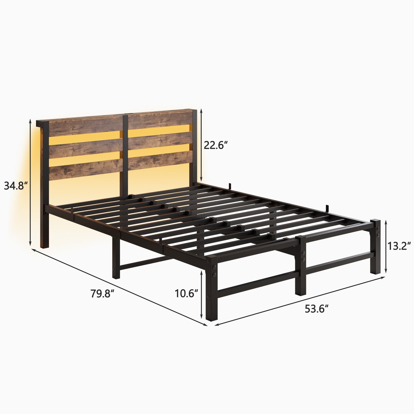 iRerts Full Bed Frame with Headboard, Metal Platform Bed Frame Full Size with USB Charging Station, LED Lights, Steel Slats, LED Bed Frame No Box Spring Needed for Bedroom Furniture, Brown