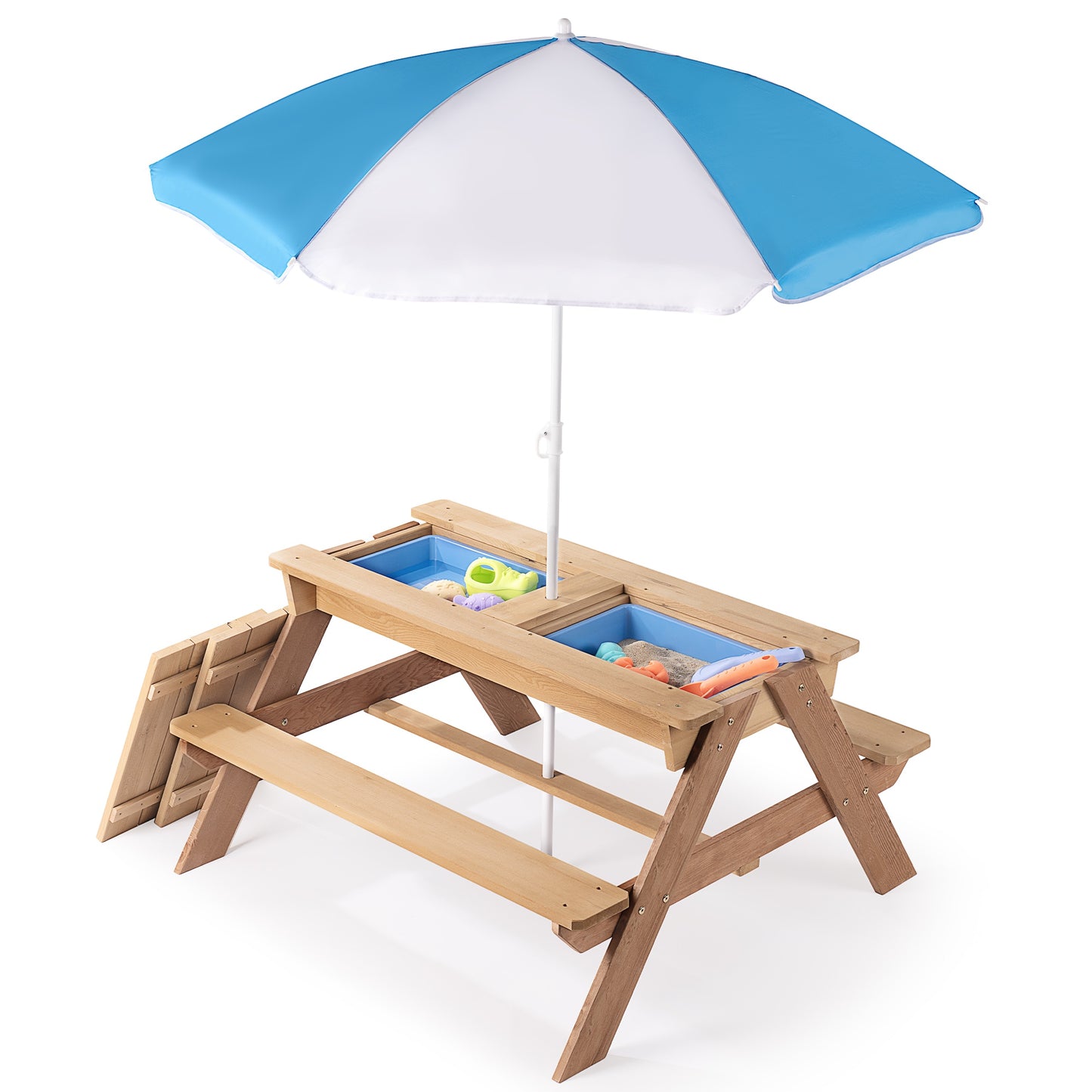 Kids Outdoor Picnic Table Set with Bench, 3 in 1 Sand and Water Activity Table Outdoor Convertible Picnic Table with Umbrella/Removable Tabletop/Play Boxes, Kids Table and Chair Set for Patio, Natural