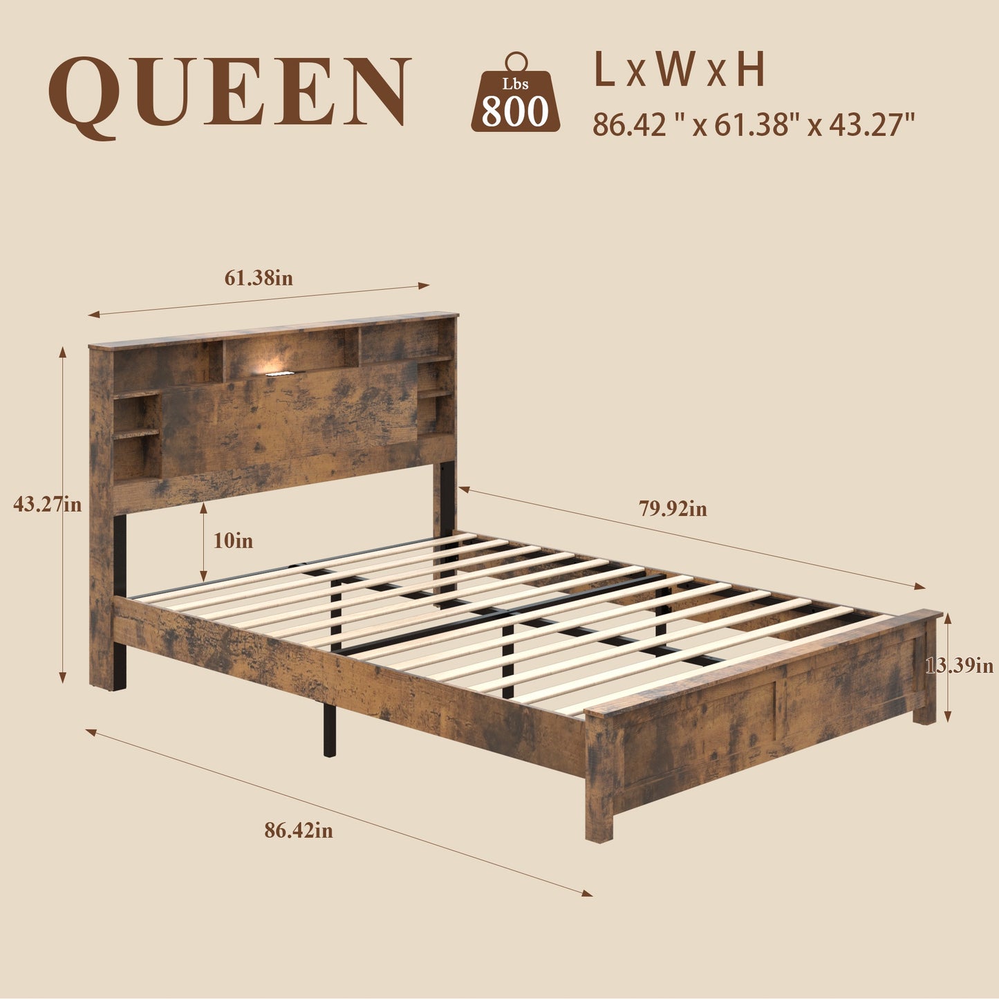 iRerts Wood Queen Platform Bed Frame, Queen Bed Frame with Storage Headboard, Charging Station, LED Lights, Queen Bed Frame No Box Spring Needed, Dark Brown