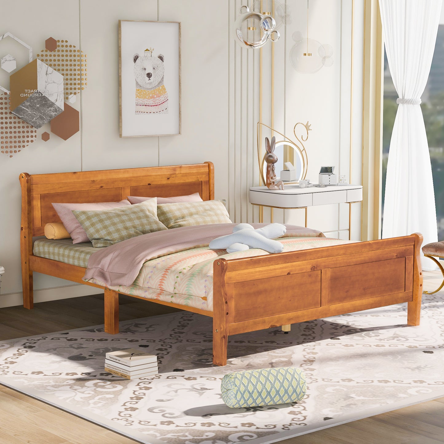 iRerts Platform Bed Frame Queen, Wood Queen Platform Bed Frame with Headboard and Footboard, Modern Queen Size Bed Frame with Wooden Slat Support, Queen Bed Frame No Box Spring Needed, Oak