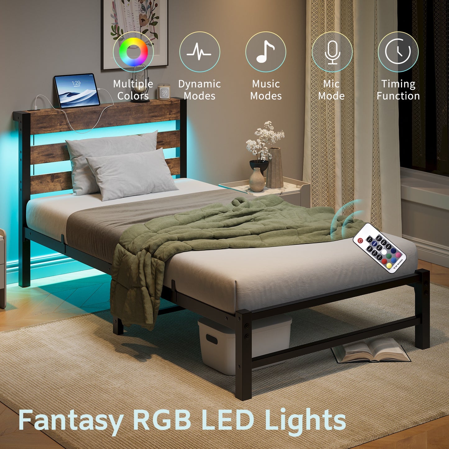 iRerts Twin Bed Frame with Headboard, Metal Platform Bed Frame Twin Size with USB Charging Station, LED Lights, Steel Slats, LED Bed Frame No Box Spring Needed for Bedroom Furniture, Brown