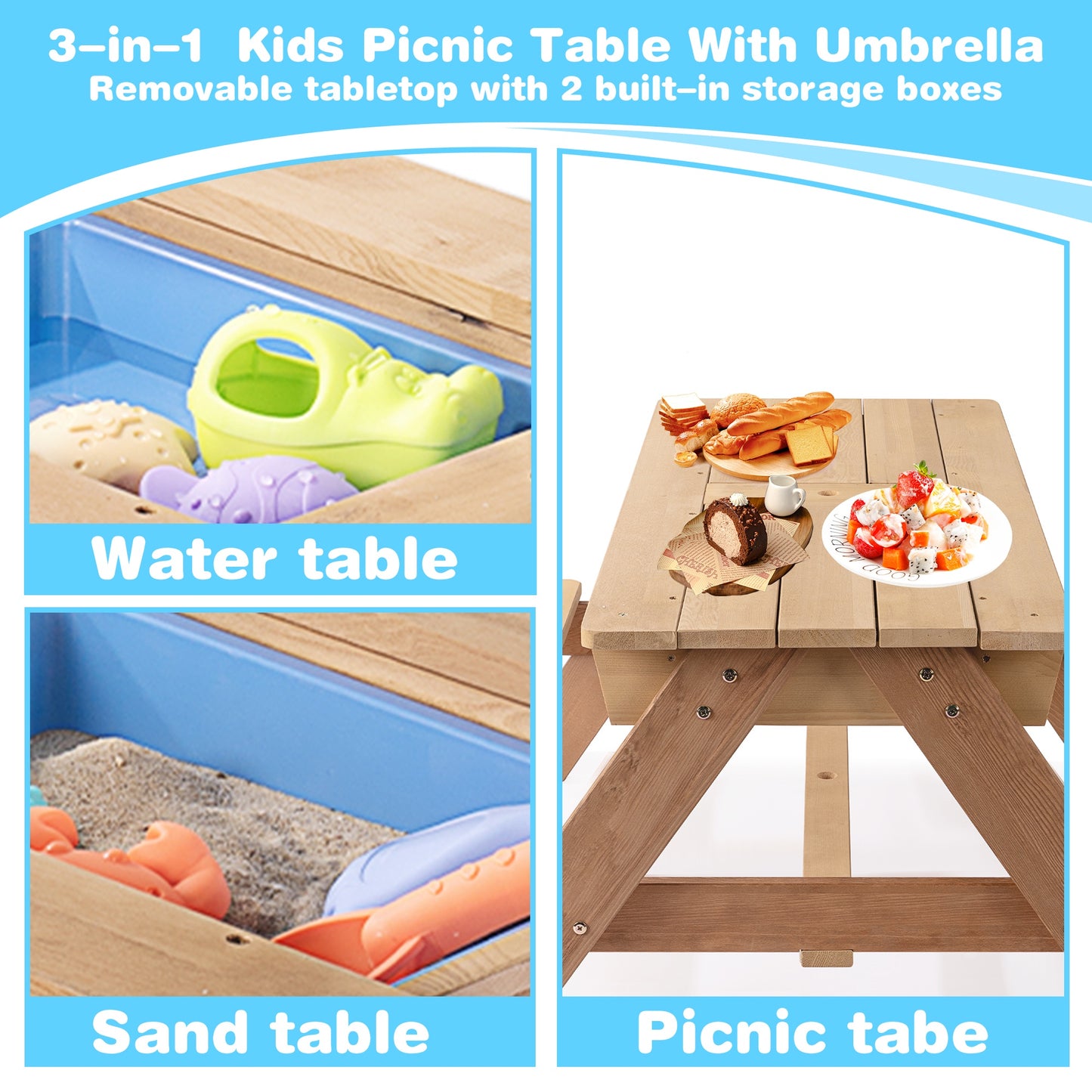Kids Outdoor Picnic Table Set with Bench, 3 in 1 Sand and Water Activity Table Outdoor Convertible Picnic Table with Umbrella/Removable Tabletop/Play Boxes, Kids Table and Chair Set for Patio, Natural