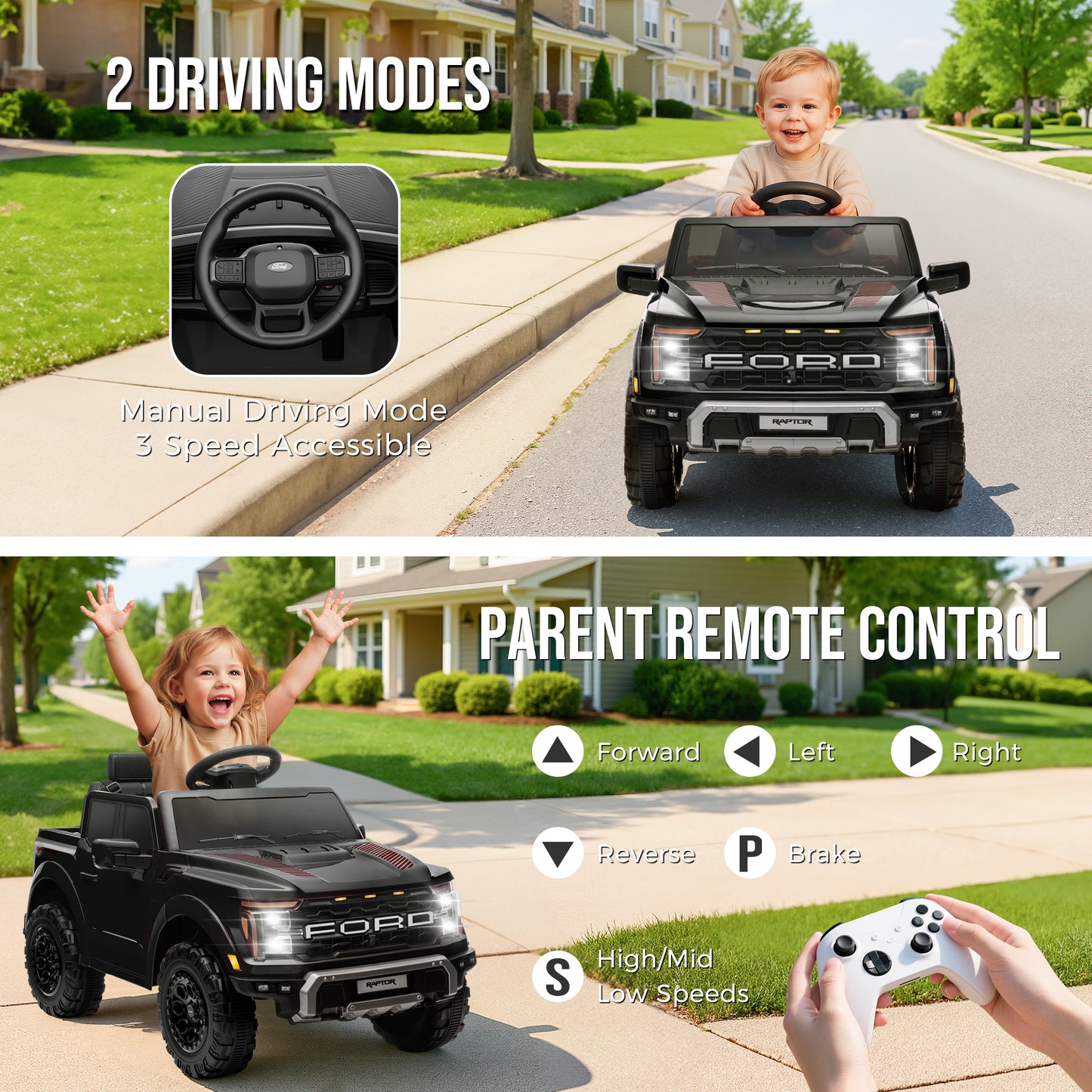 12V Ride on Cars with Remote Control, Licensed Ford F 150 Raptor Powered Ride on Toys with Bluetooth, Radio, LED Light, 4 Wheels Suspension, Kids Cars Electric Vehicles for Boys Girls Ages 3-6, Black