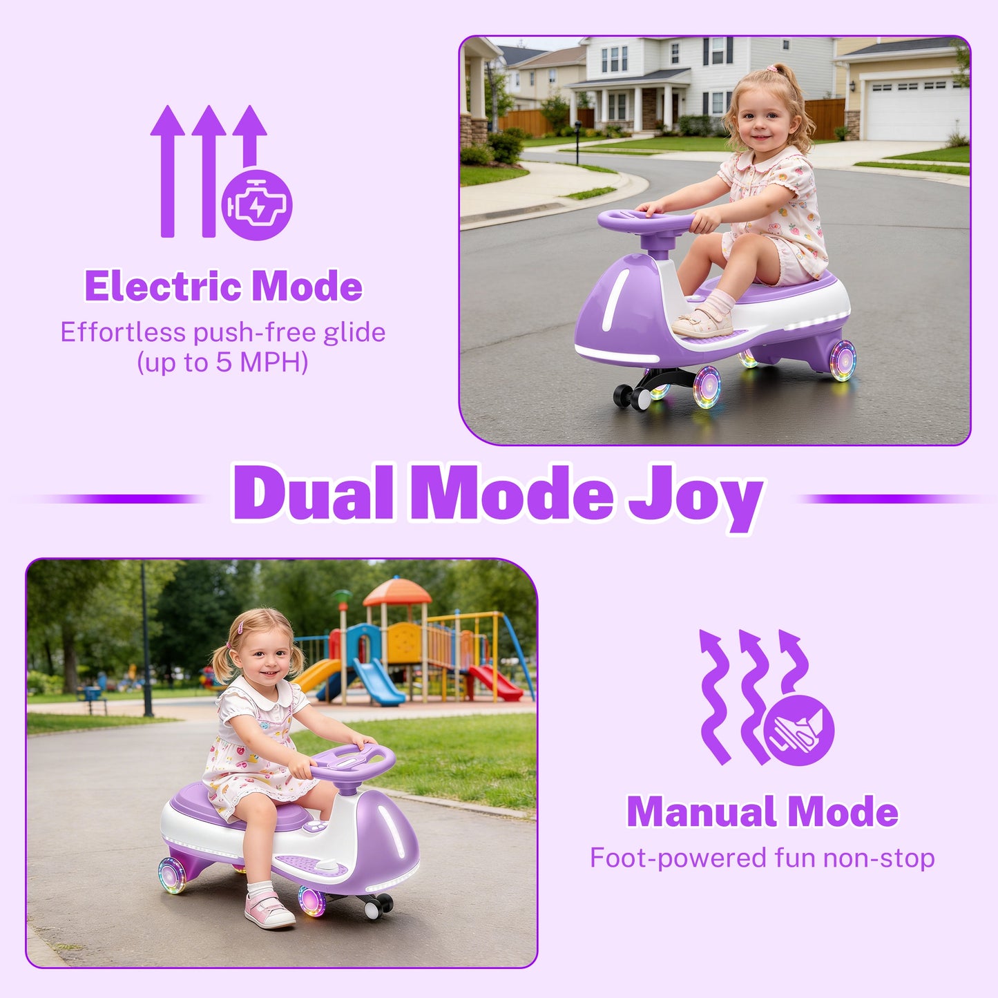iRerts 12V Ride on Toys, Electric Ride on Wiggle Car with Pedal, 2 in 1 Swing Car Kids Wiggle Car for Toddlers Ages 3+, Kids Cars with Flashing PU Wheels, Bluetooth Music, 5MPH Max Speed, Purple