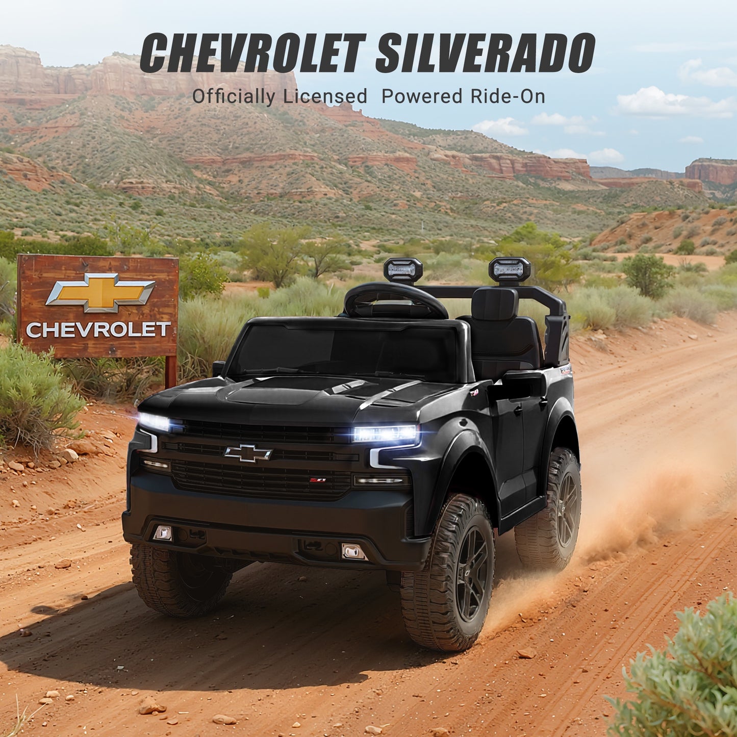 24V Powered Ride on Toys Car, Licensed Chevrolet Silverado 2 Seater Ride on Cars with Remote Control, Spring Suspension, LED Lights, Bluetooth Music, Toddler Electric Car for Kids Ages 3+, Black