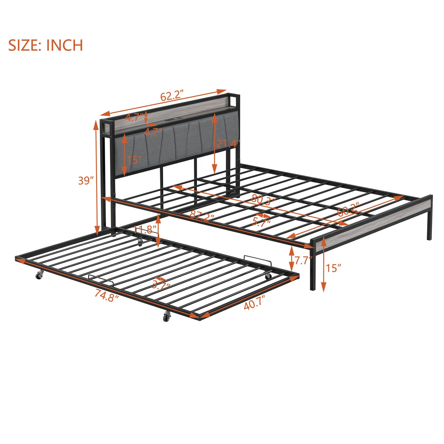 Queen Size Metal Platform Bed Frame with Twin Size Trundle, Queen Size Bed Frame with Upholstered Headboard, USB Ports, Steel Slat Support, Queen Bed Frame No Box Spring Needed for Bedroom, Black