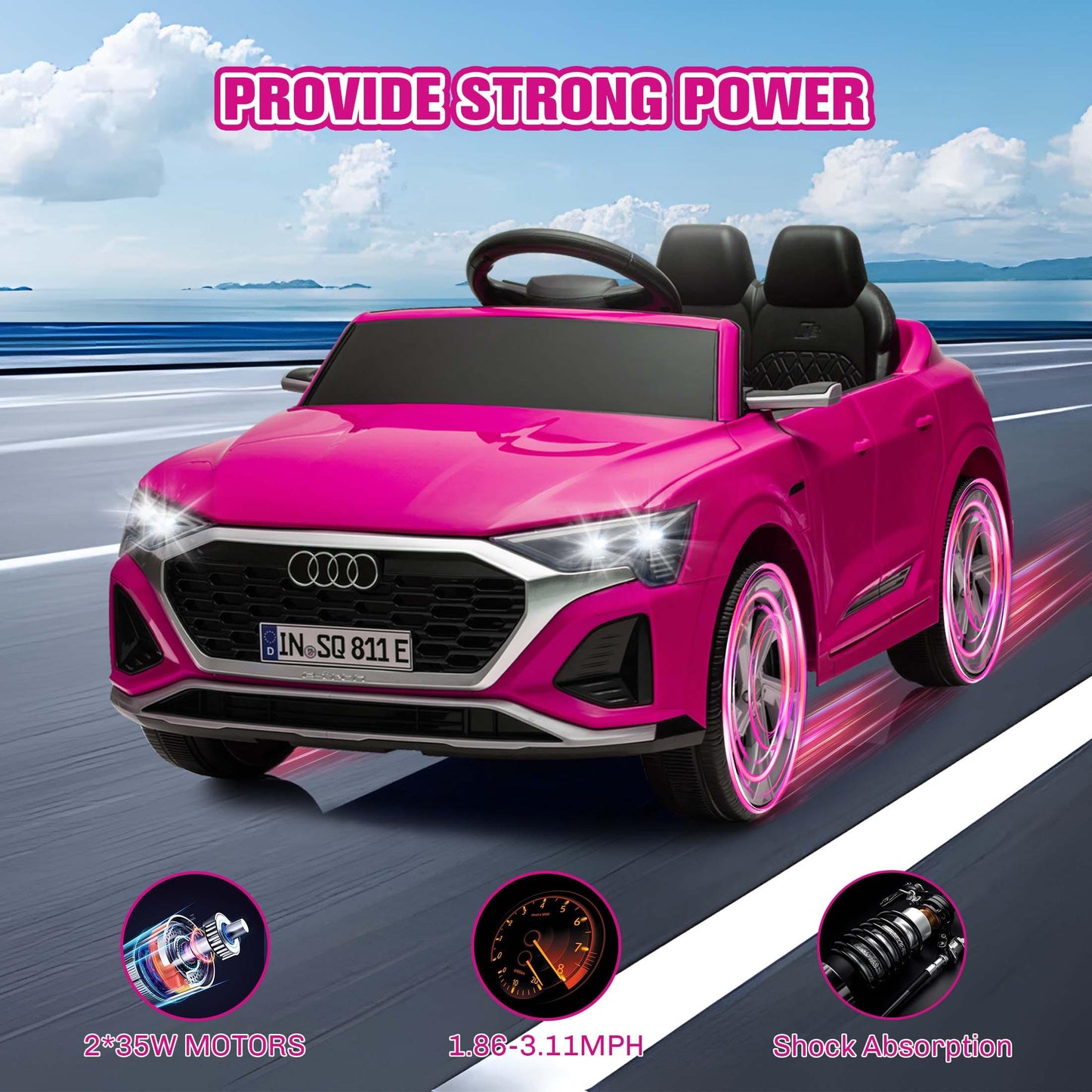 Ride on Toy Car Kids for Boys Girls, Licensed Audi SQ8 12V Ride on Cars with Remote Control, Battery Powered Electric Vehicle Car for Kids with Music, LED Lights, 3 Speed, 4 Wheeler, Pink