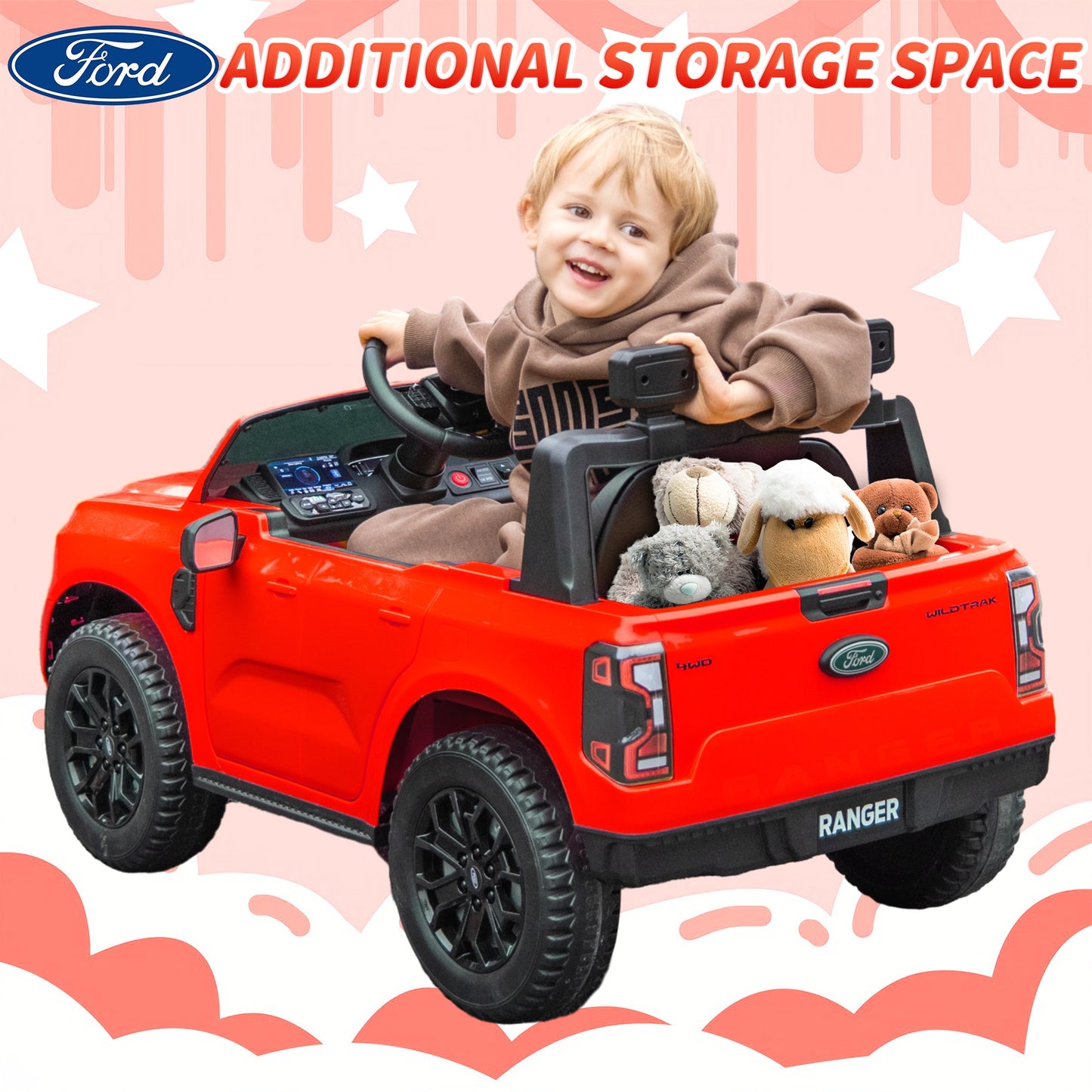 12V Ride on Cars with Remote Control, Ford Ranger Electric Cars for Kids with Bluetooth, Music, USB Port, Horn, LED Lights, Battery Powered Ride on Toys for Kids Boys Girls 3-6 Ages Gifts, Red