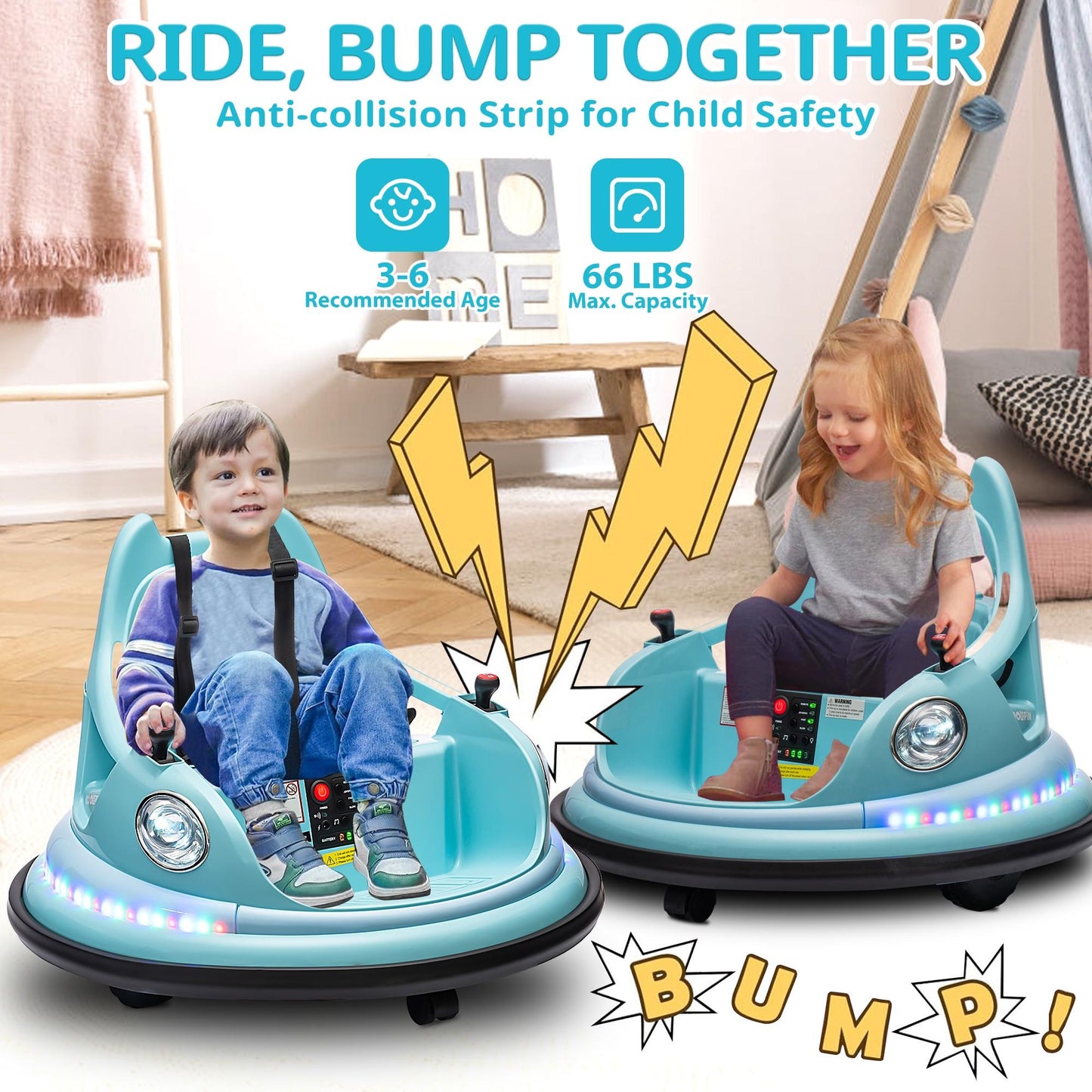 iRerts 12V Bumper Cars for Kids, Bumper Car Ride on with Remote Control, Battery Powered Kids Ride on Toys for 2-5 Year Old Boys Girls, Kids Electric Cars with Bluetooth, Music, LED Light, Blue