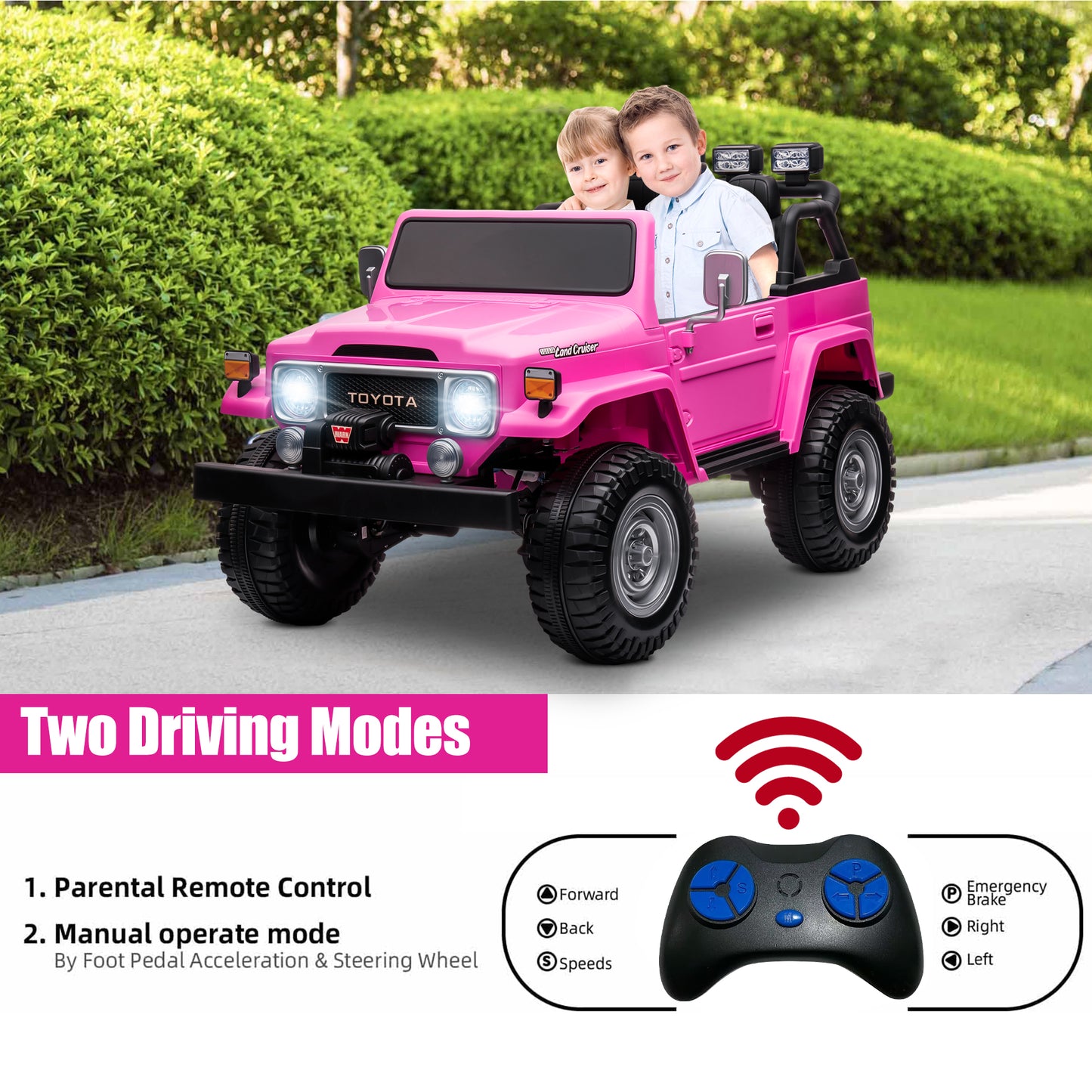 Toyota FJ40 24V Powered Ride on Trucks, Real 2 Seater Ride on Car with Remote Control, Electric Vehicles Cars for Kids with Bluetooth, Music, 4 Wheels Suspension, Ride on Toys for Boys Girls 3-6, Pink