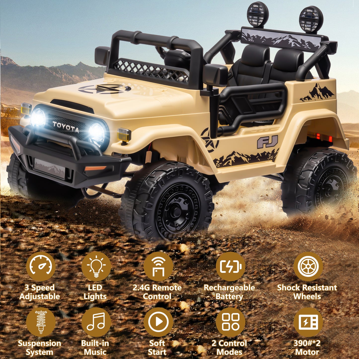 12V Ride on Cars with Remote Control, Licensed Toyota FJ Cruiser Ride on Trucks Vehicle with Bluetooth, Music, MP3/USB Port, Battery Powered Ride on Toys for Kids Boys Girls Birthday Gift, Yellow