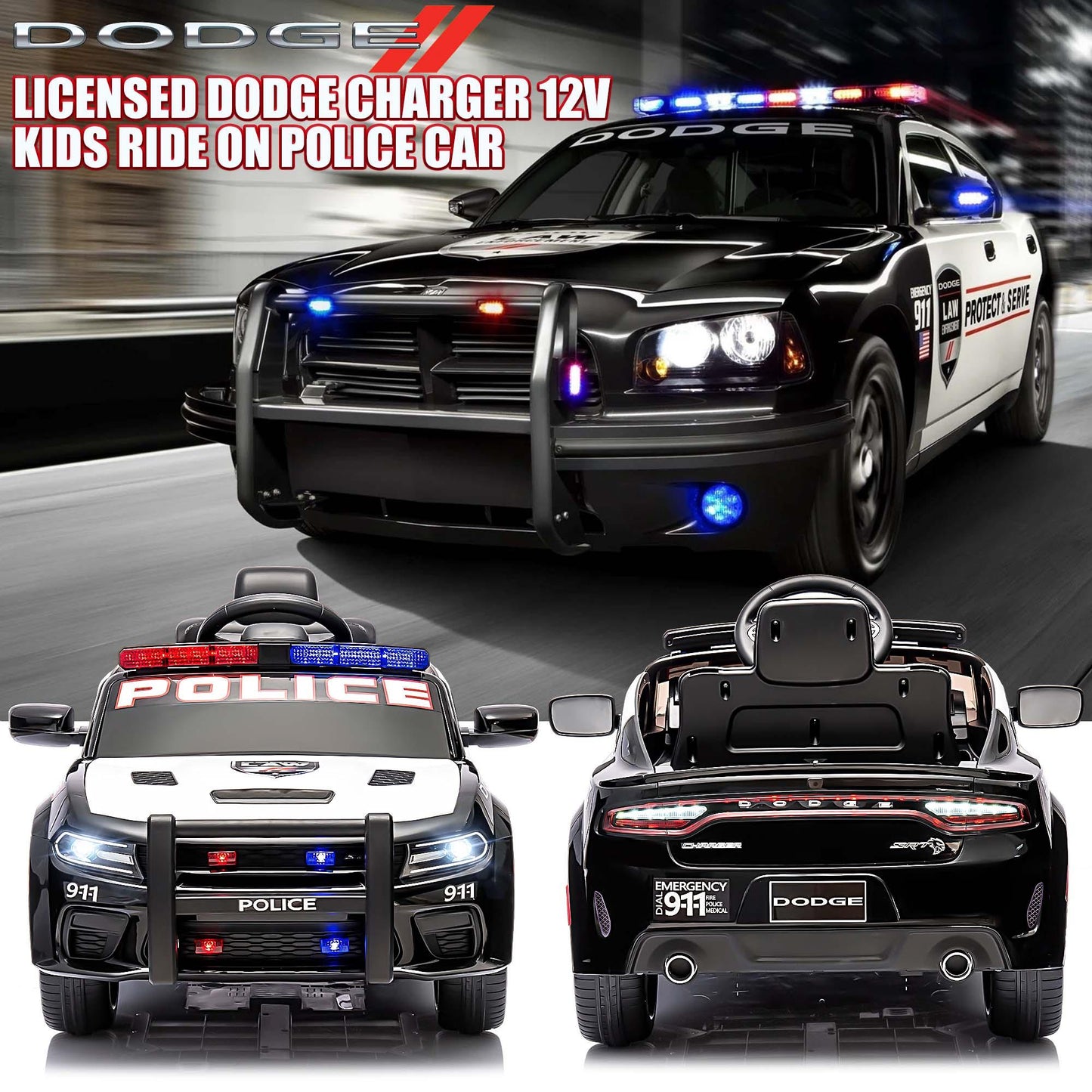 Dodge Charger 12V Ride on Police Cars, Battery Powered Ride on Toy Car with Remote Control for Boys Girls Gifts, Electric Car for Kids with Bluetooth, Music Player, LED Lights, 3 Speeds, White