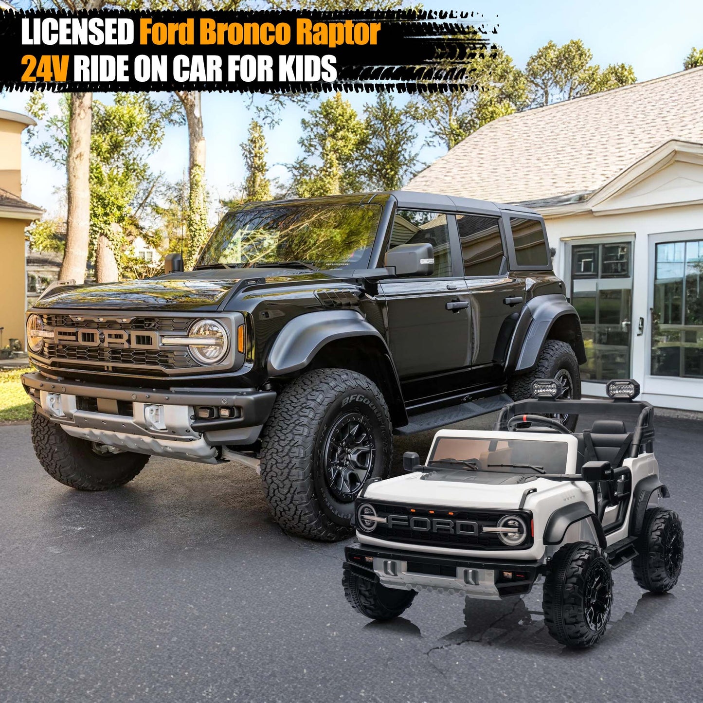 Ford Bronco Raptor 24V Ride on Toys, 2 Seater Ride on Cars with Remote Control, Bluetooth Music, Spring Suspension, Battery Powered Electric Car for Kids Ages 3-8, White