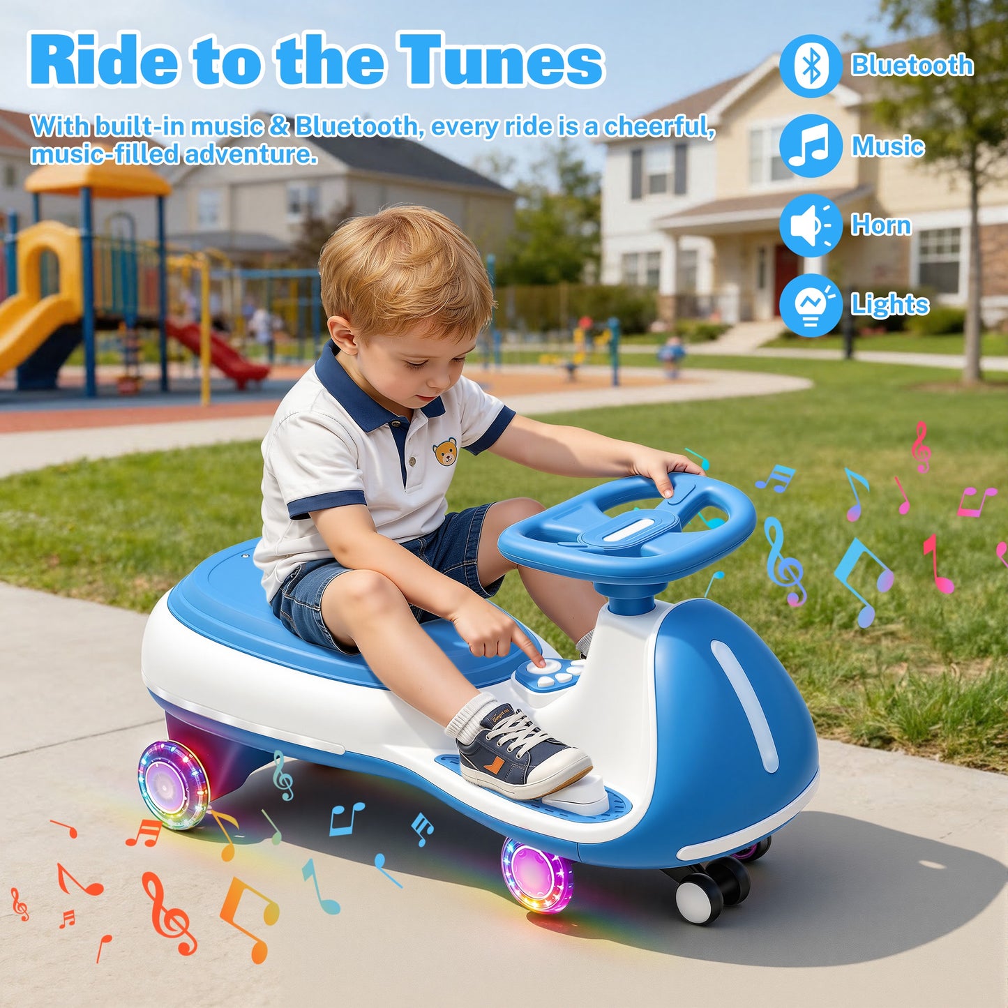 iRerts 12V Ride on Toys, Electric Ride on Wiggle Car with Pedal, 2 in 1 Swing Car Kids Wiggle Car for Toddlers Ages 3+, Kids Cars with Flashing PU Wheels, Bluetooth Music, 5MPH Max Speed, Blue