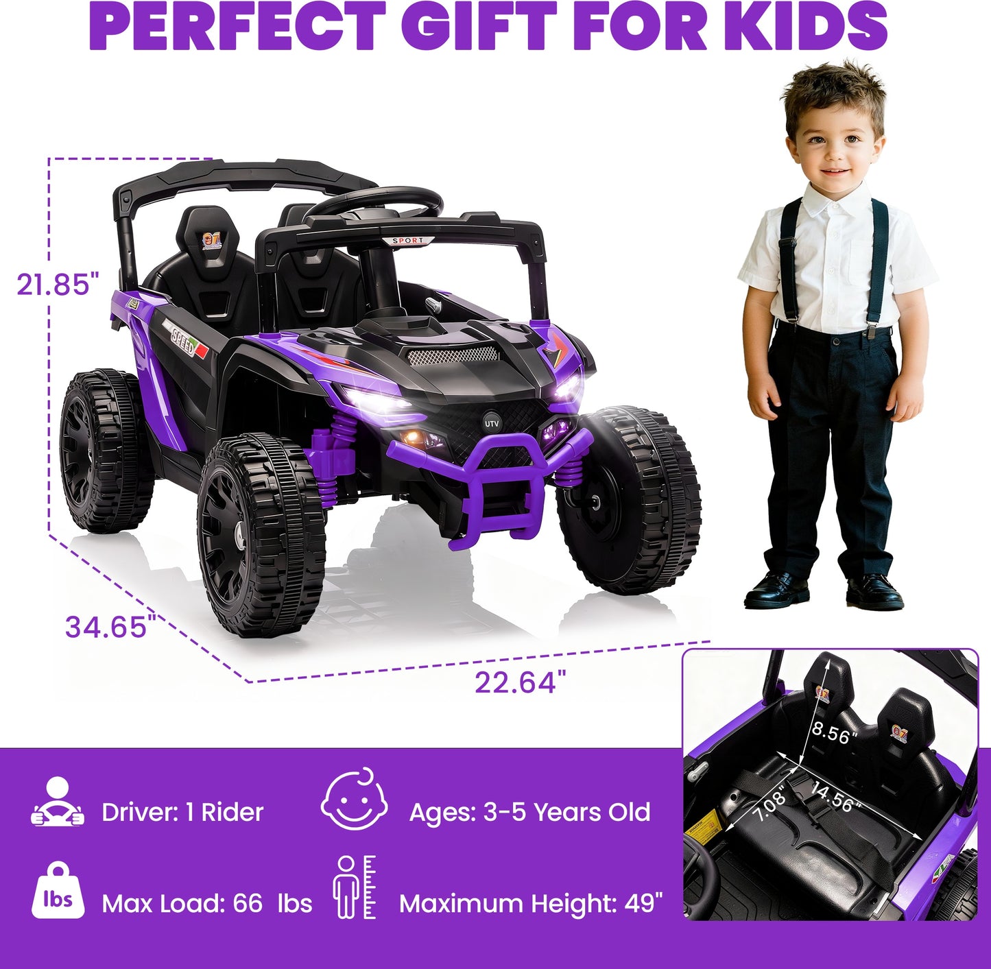 iRerts 24V Powered Ride on Car UTV, Kids Ride on Toys with Remote Control, Bluetooth, Music, 4 Wheels Suspension, LED Light, Kids Car 4 Wheeler Electric Vehicles for Boys Girls Ages 3-5 Gifts, Purple
