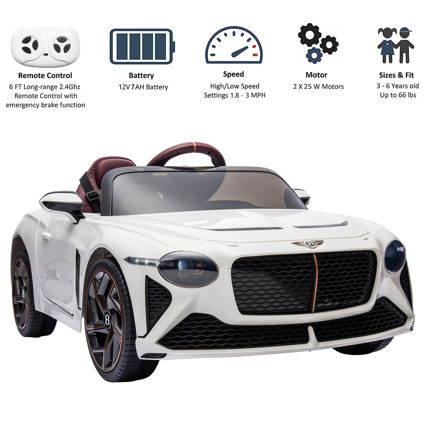Kids Electric Car for Boys Girls Gift, Licensed Bentley Mulsanne 12V Ride On Cars with Remote Control, Battery Powered Ride On Toys with Bluetooth, USB, MP3, LED Light, White