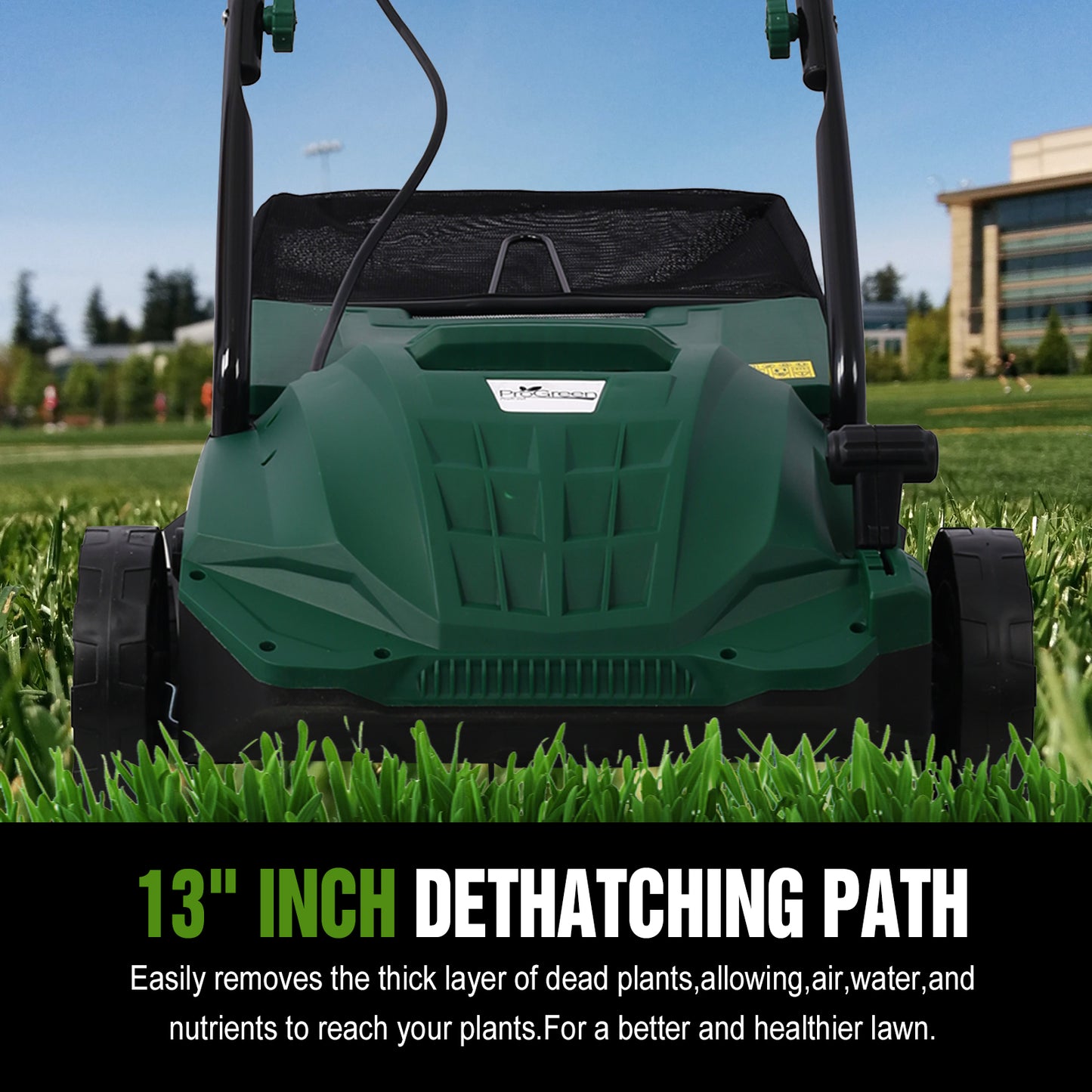 iRerts Electric Dethatcher and Scarifier, 2-in-1 13 Inch Dethatcher Scarifier with 31.7QT Removable Collection Bag, 4 Position Height Adjustment, 12 Amp Walk Behind Scarifier for Garden Yard, Green
