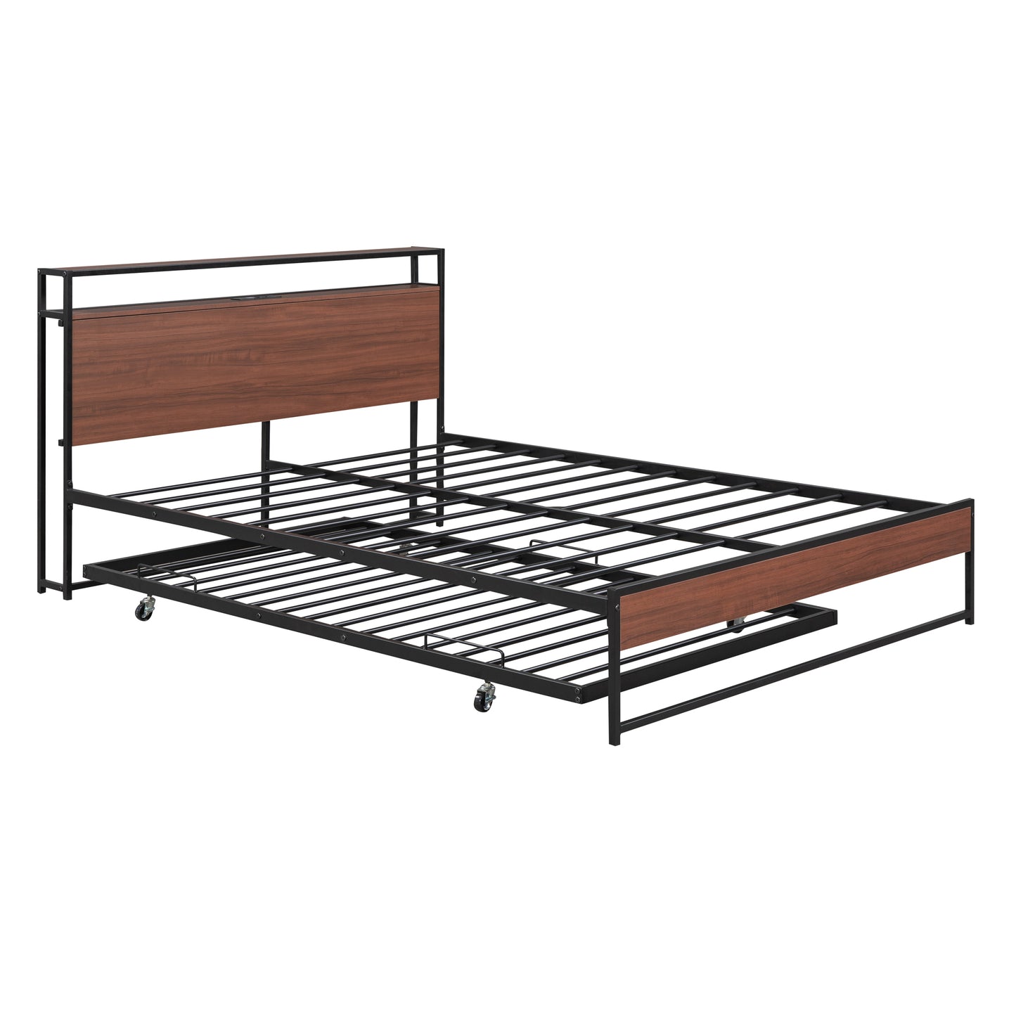 Queen Size Metal Platform Bed Frame with Twin Size Trundle, Queen Size Bed Frame with Storage Headboard, Outlet/USB Ports, Steel Slat Support, Queen Bed Frame No Box Spring Needed for Bedroom, Black