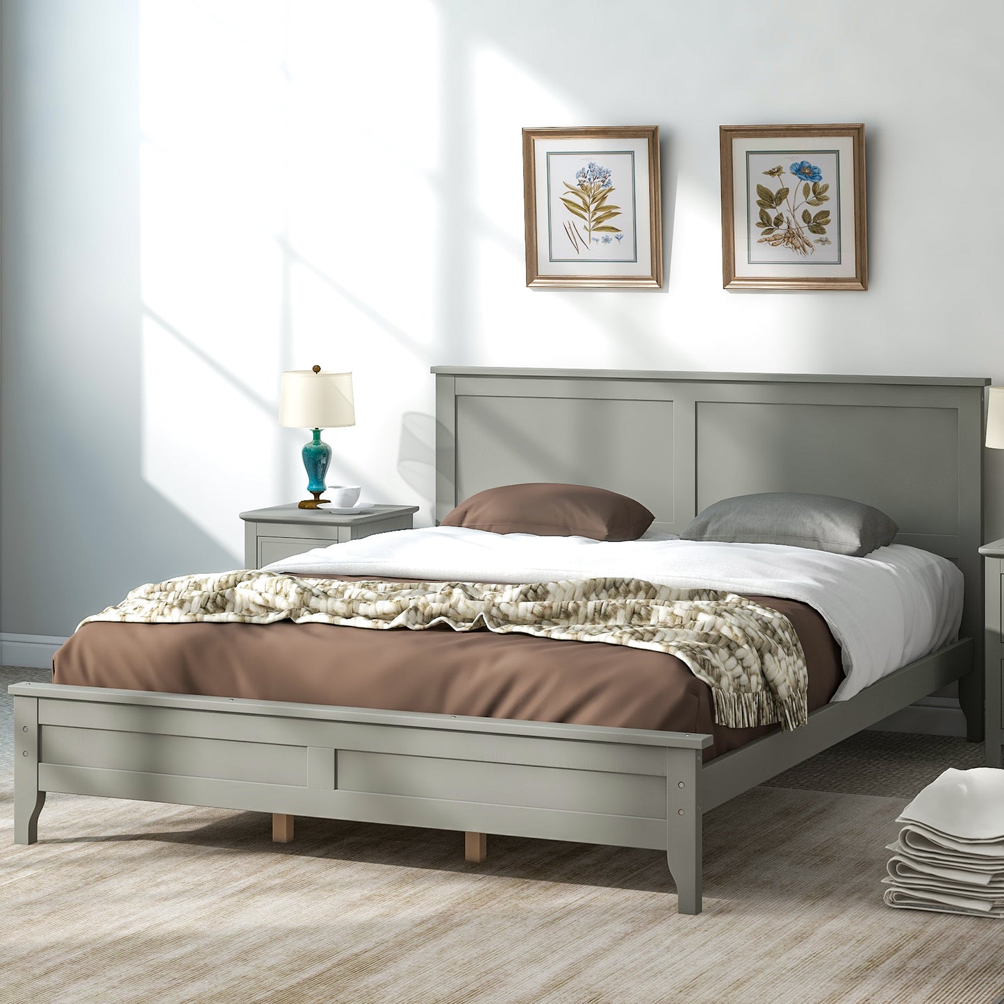 iRerts Queen Platform Bed Frame with Headboard and Footboard, Solid Wood Bed Frames Queen Size with Slats Support, Oak Top, Modern Queen Bed Frame No Box Spring Needed for Kids Adults, Gray