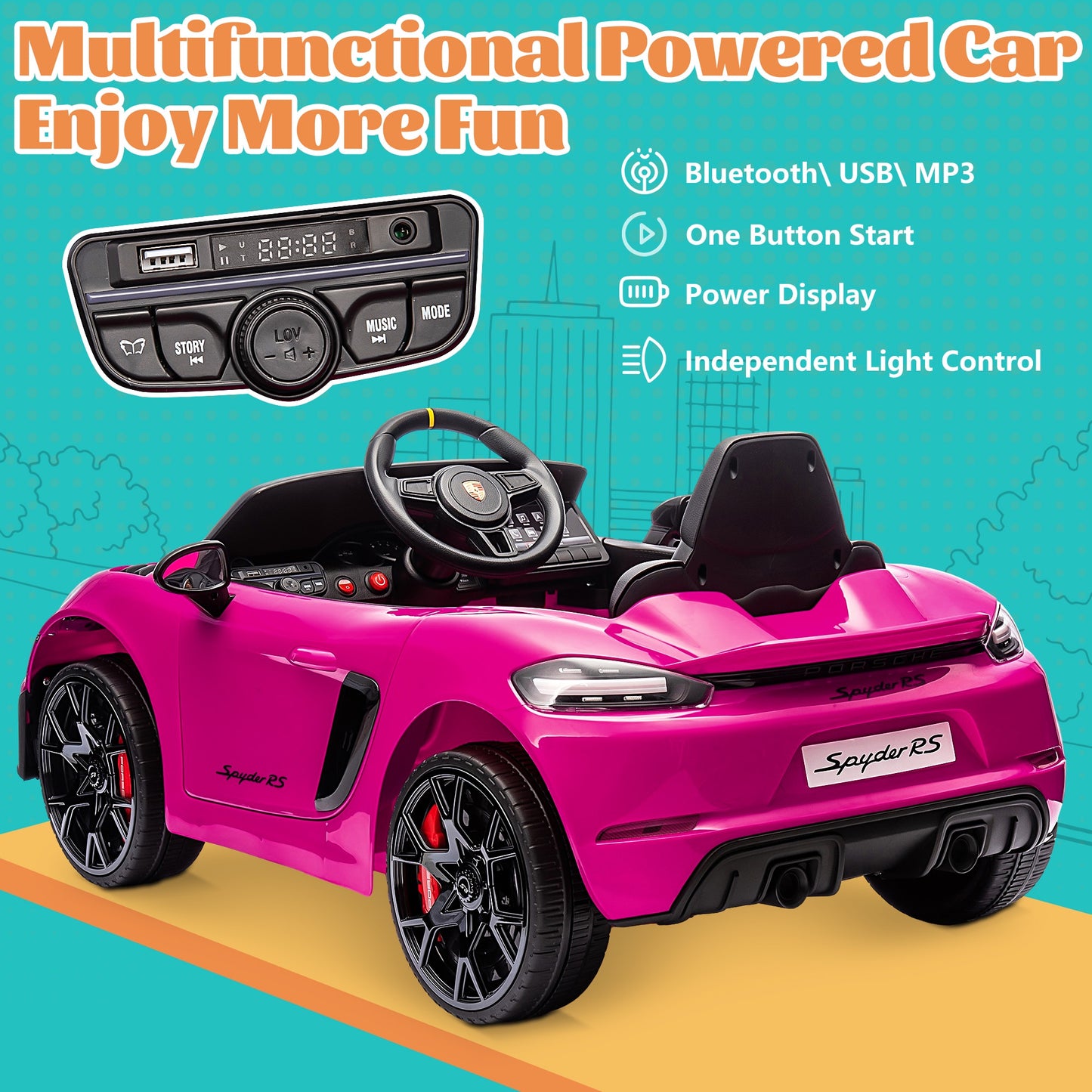 12V Kids Powered Ride on Car Toy, Electric Vehicle with Remote Control, Licensed Porsche 718 Spyder Sport Car for Grils Boys Ages 3-6, Bluetooth, 4 Wheel Suspension