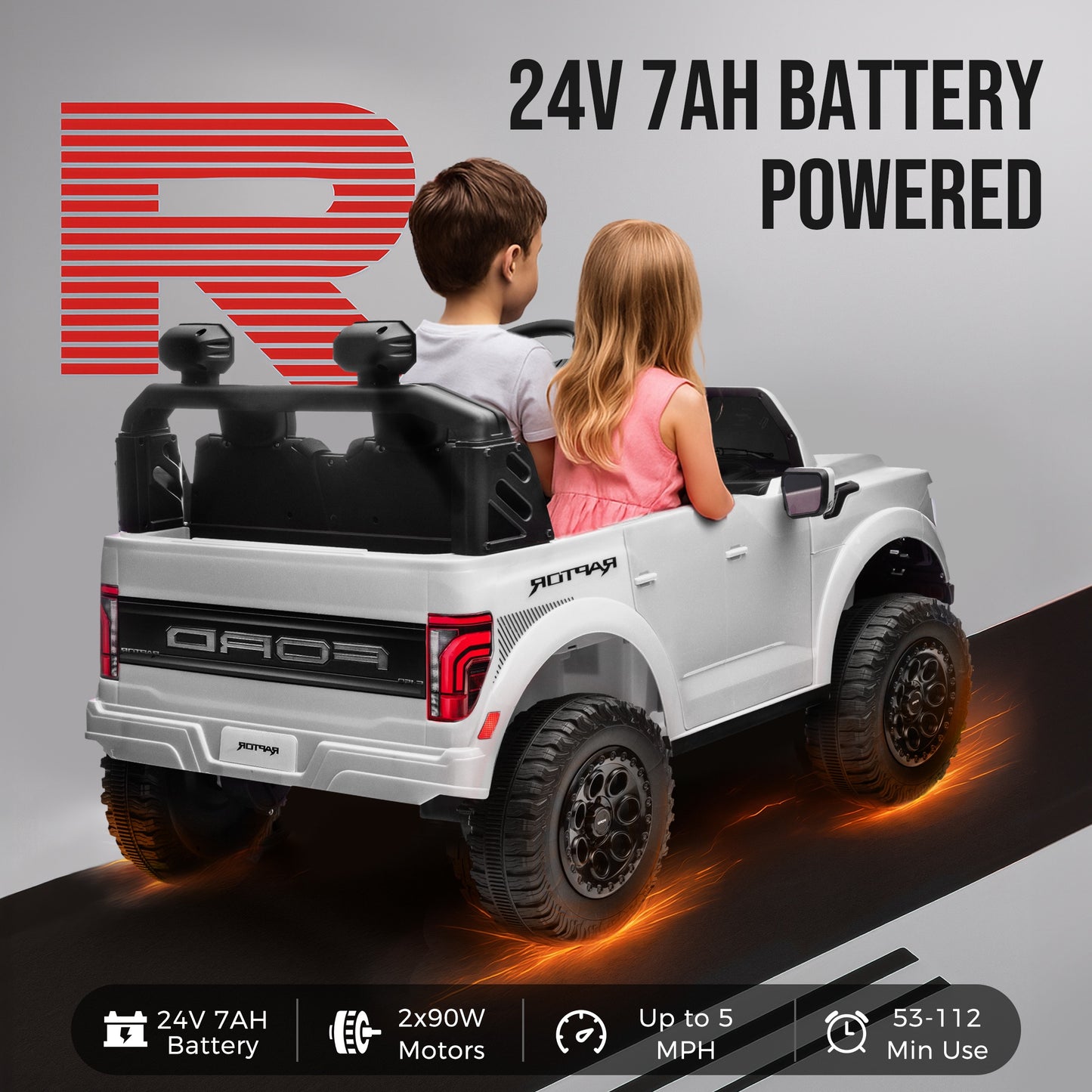 iRerts 24V Ride on Toys for Big Kids, Licensed Ford F 150 Raptor 2 Seater Ride on Cars with Remote Control, Bluetooth, FM Radio, LED Lights, 4 Wheels Suspension, Electric Car for Kids Ages 3-8, White
