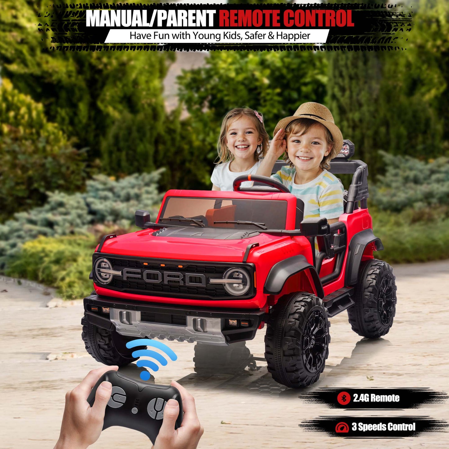 Ford Bronco Raptor 24V Ride on Toys, 2 Seater Ride on Cars with Remote Control, Bluetooth Music, Spring Suspension, Battery Powered Electric Car for Kids Ages 3-8, Red