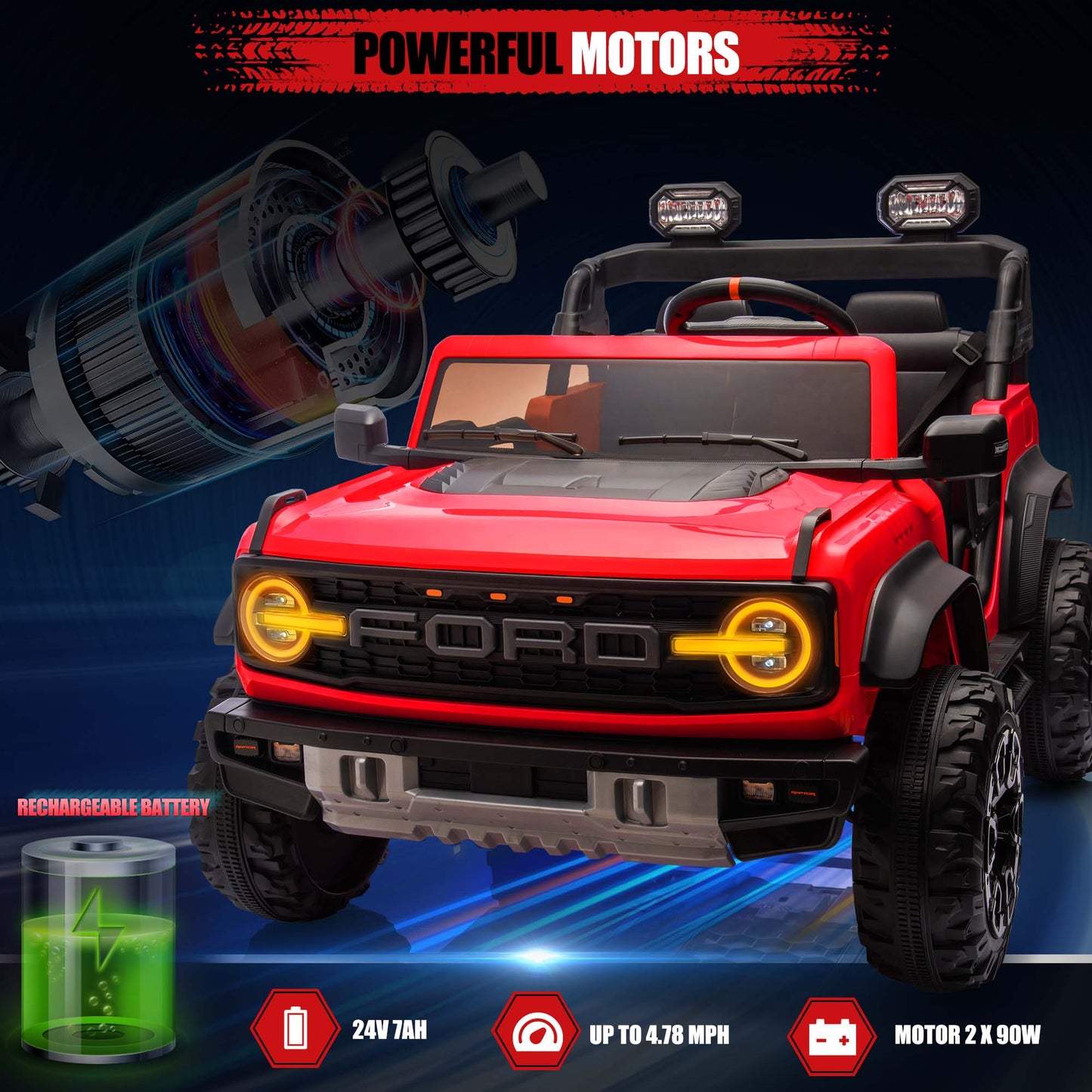 Ford Bronco Raptor 24V Ride on Toys, 2 Seater Ride on Cars with Remote Control, Bluetooth Music, Spring Suspension, Battery Powered Electric Car for Kids Ages 3-8, Red