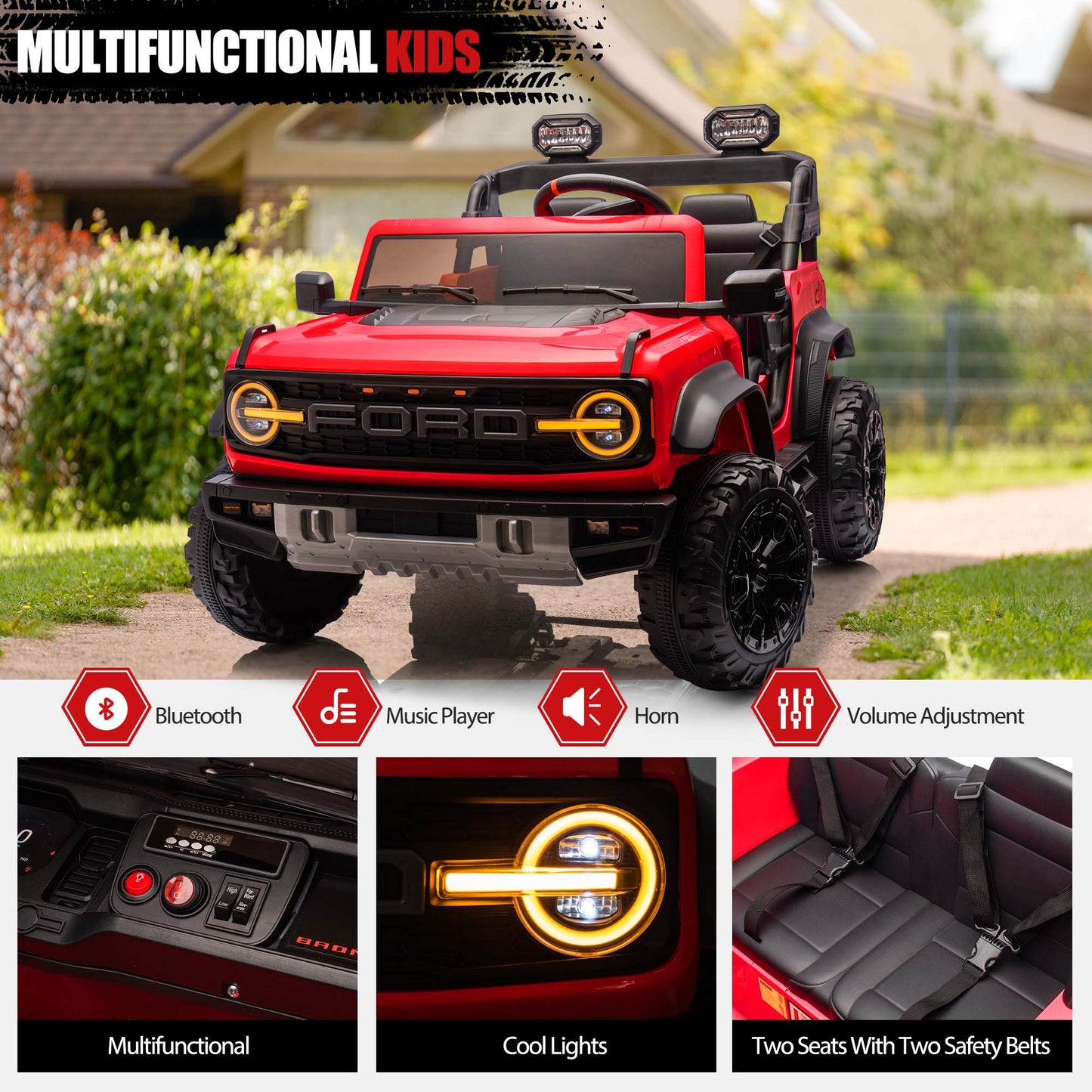Ford Bronco Raptor 24V Ride on Toys, 2 Seater Ride on Cars with Remote Control, Bluetooth Music, Spring Suspension, Battery Powered Electric Car for Kids Ages 3-8, Red