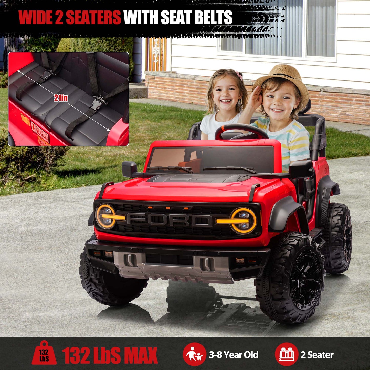 Ford Bronco Raptor 24V Ride on Toys, 2 Seater Ride on Cars with Remote Control, Bluetooth Music, Spring Suspension, Battery Powered Electric Car for Kids Ages 3-8, Red