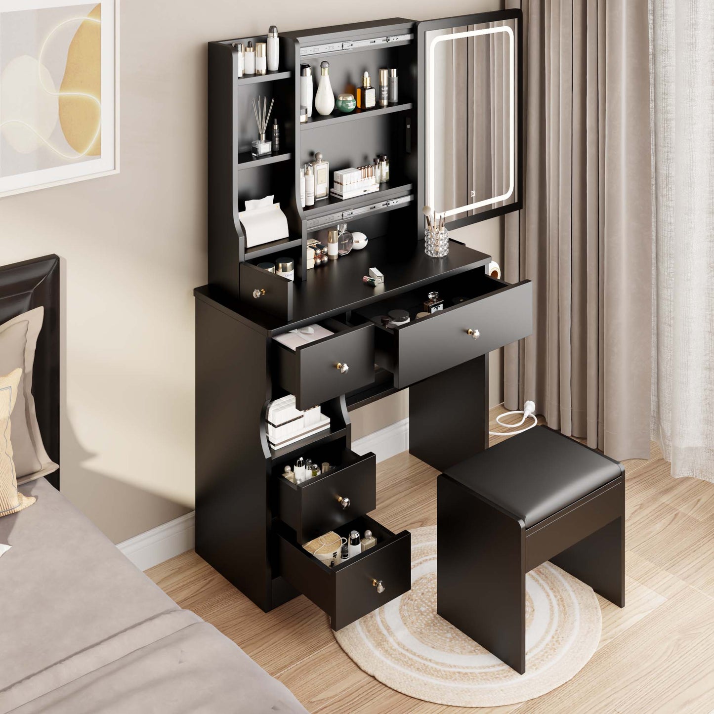 iRerts Vanity Desk with Chair, Makeup Vanity Set with LED Mirror, 2 AC+2 USB Power Station, Brightness Adjustable, Shelf, Drawers, Makeup Vanity Desk Dressing Table Set for Bedroom Small Space, Black