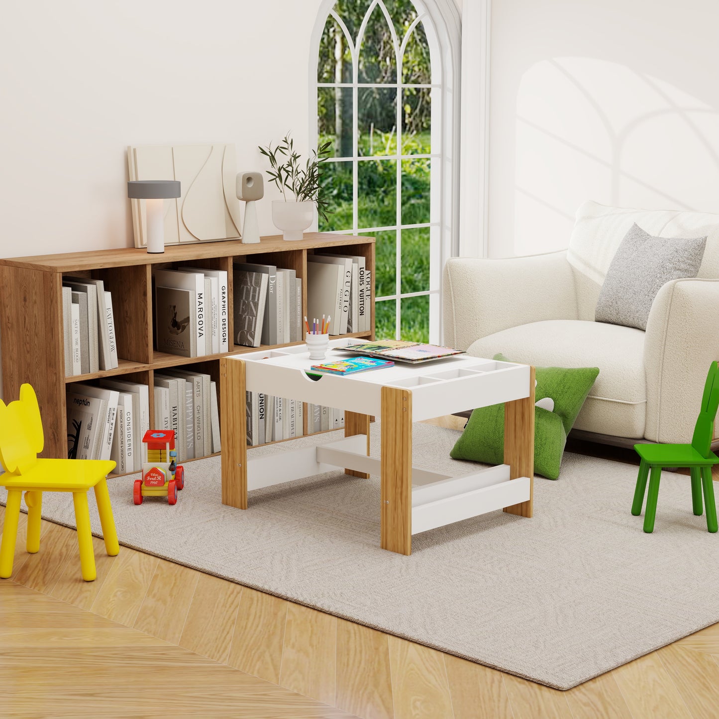 Kids Activity Table, 2 in 1 Reversible Kids Play Table with Building Bricks, Whiteboard, Toy Organizer Compatible, Wood Building Block Desk for Drawing, Reading, Arts, Crafts, White