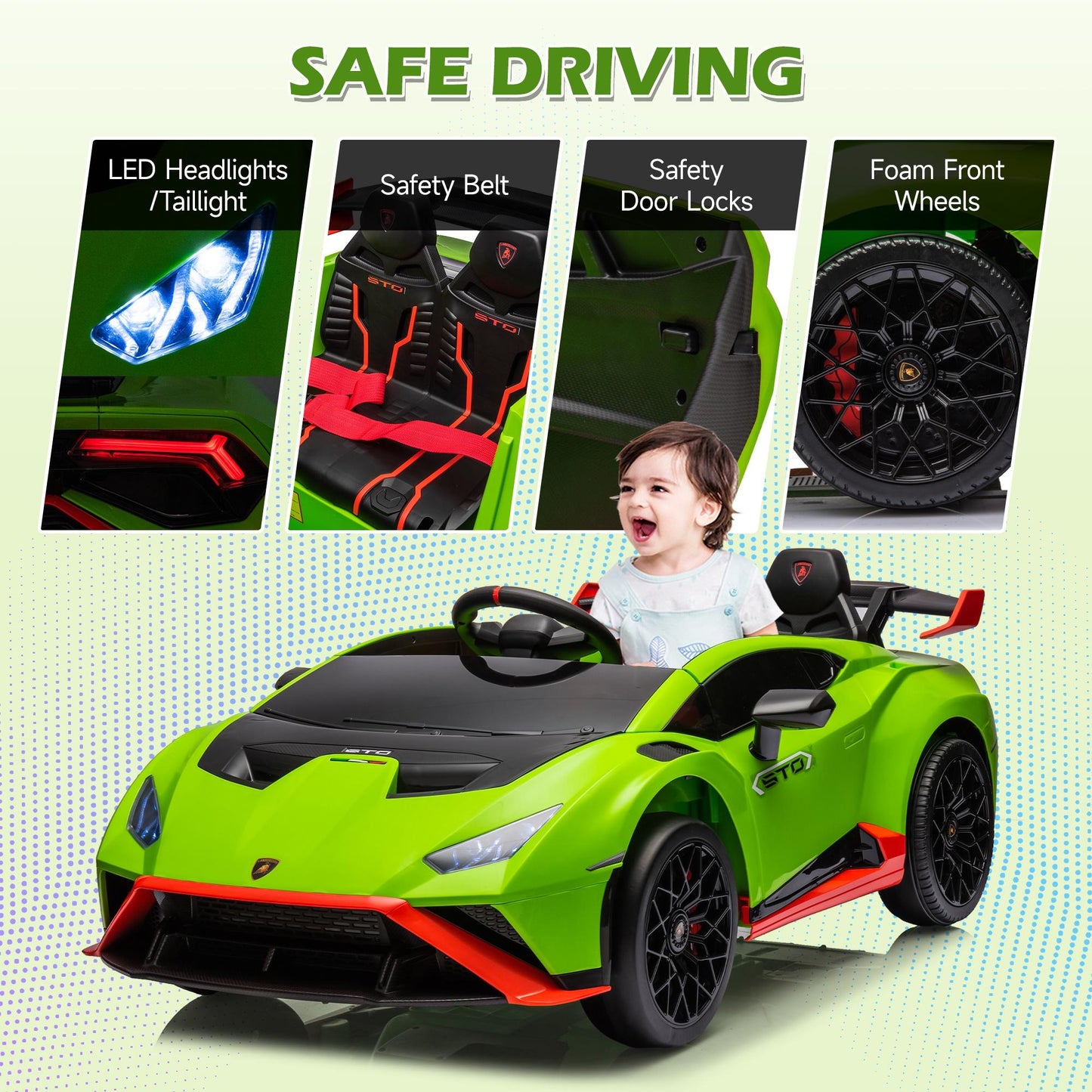 iRerts Green 24V Lamborghini Ride on Cars with Remote Control, Battery Powered Kids Ride on Toys for Boys Girls 3-8 Ages, 4 Wheels Electric Cars for Kids with Bluetooth/Music/USB Port/LED Lights