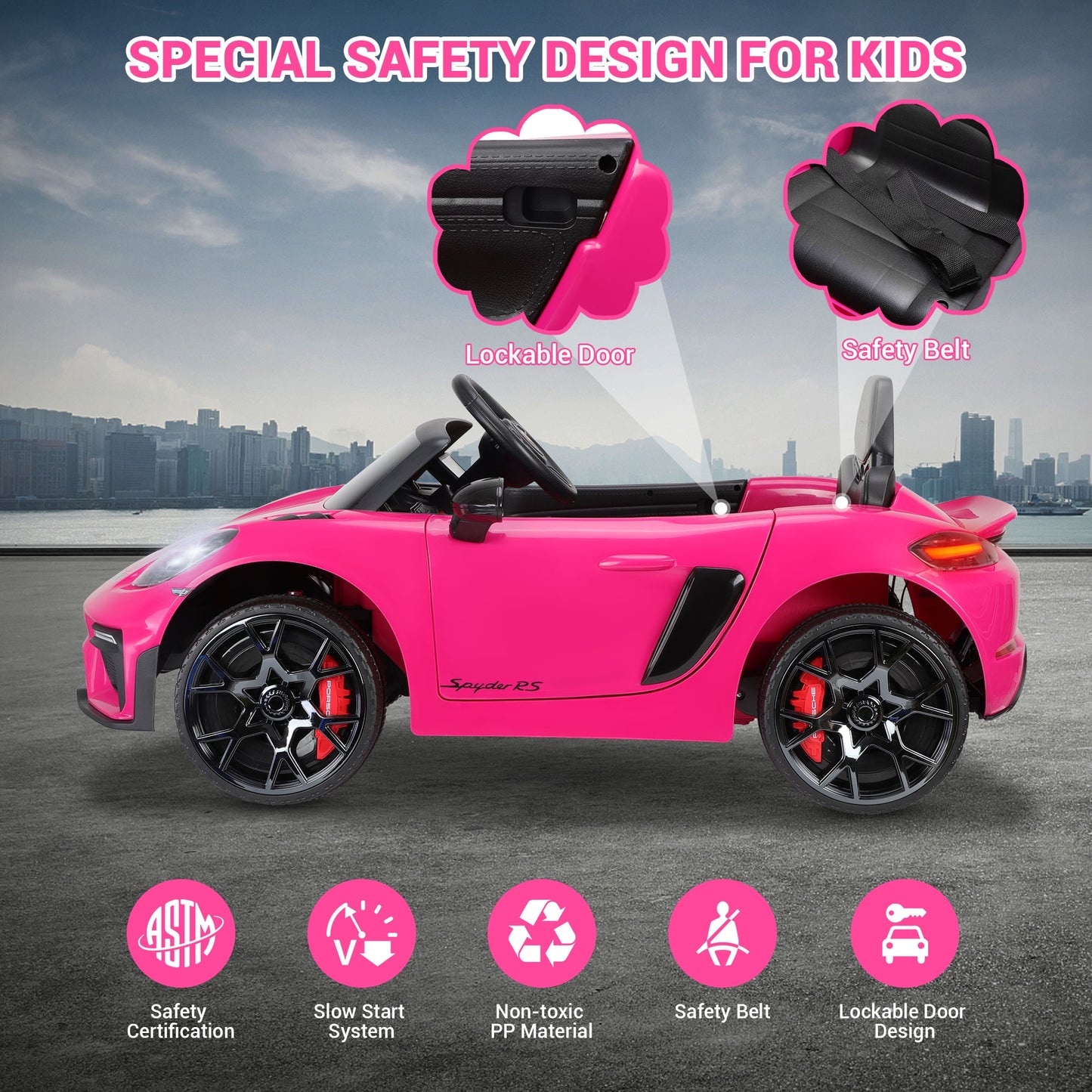12V Powered Ride On Toys, Licensed Porsche 718 Ride on Car for Kids Boys Girls Christmas Gifts Ages 3-5, Kids Cars Electric Vehicle with Remote Control, Bluetooth, Music, LED Light, 4 Wheeler, Pink